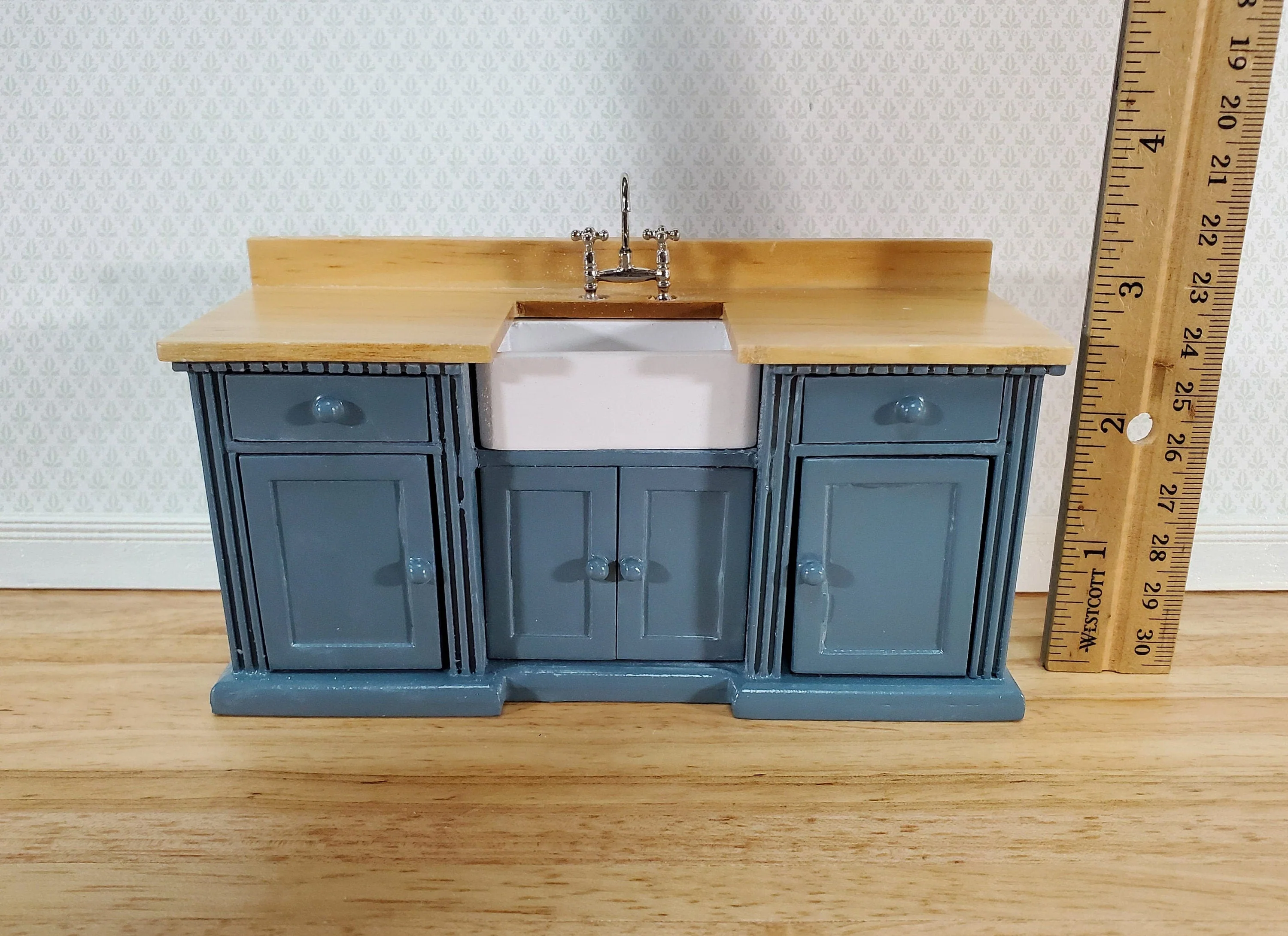 Dollhouse Kitchen Sink Cabinet 1:12 Scale Miniature Blue/Gray Farmhouse Style - Image 5