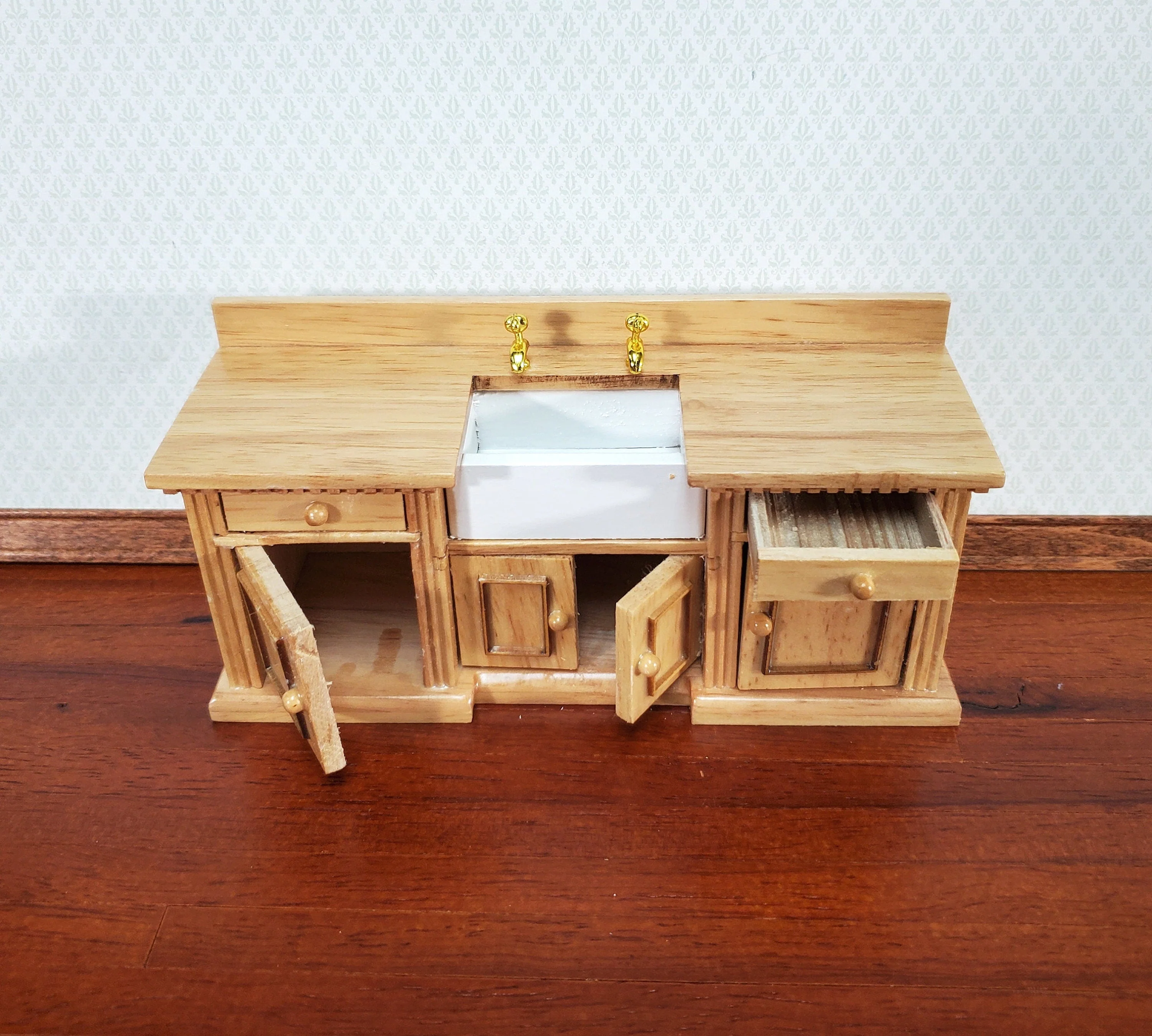 Dollhouse Kitchen Sink Cabinet 1:12 Scale Miniature Dentil Trim Furniture Light Oak - Image 3