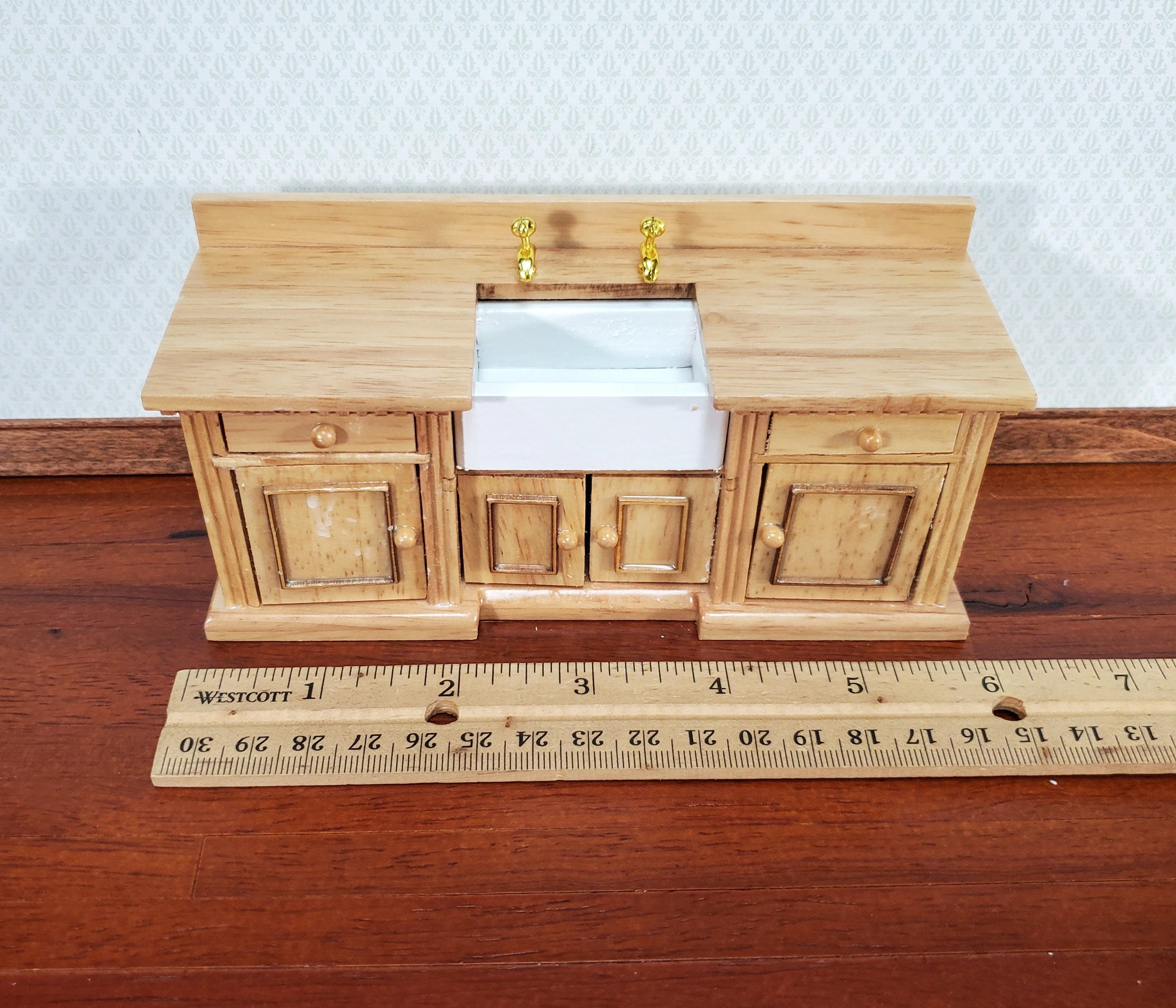Dollhouse Kitchen Sink Cabinet 1:12 Scale Miniature Dentil Trim Furniture Light Oak - Image 4