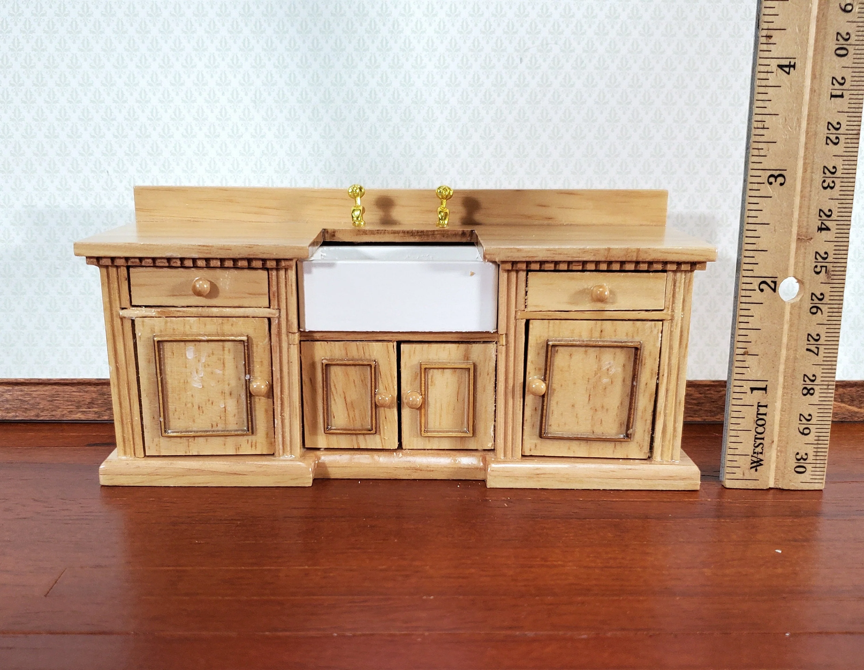 Dollhouse Kitchen Sink Cabinet 1:12 Scale Miniature Dentil Trim Furniture Light Oak - Image 5