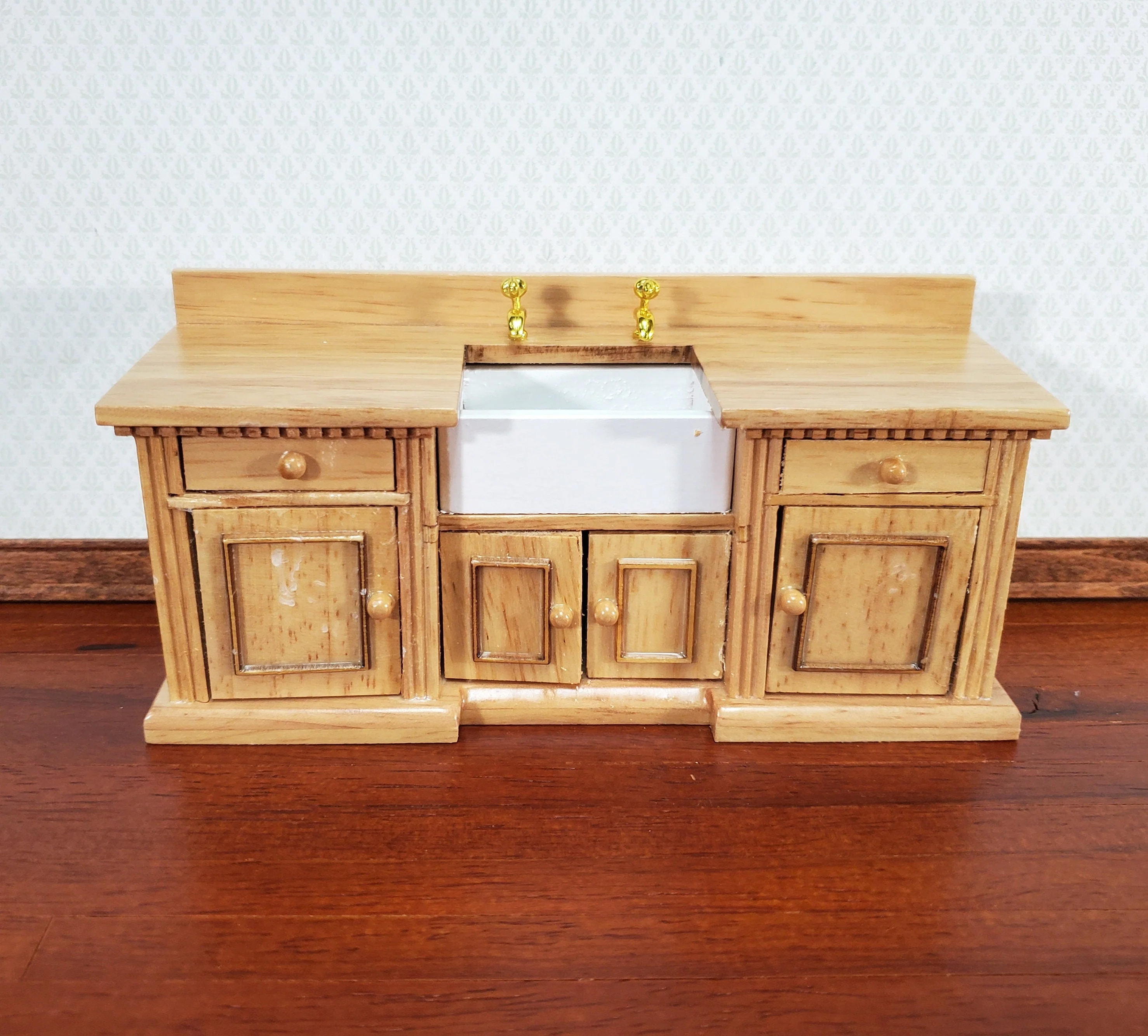 Dollhouse Kitchen Sink Cabinet 1:12 Scale Miniature Dentil Trim Furniture Light Oak - Image 6