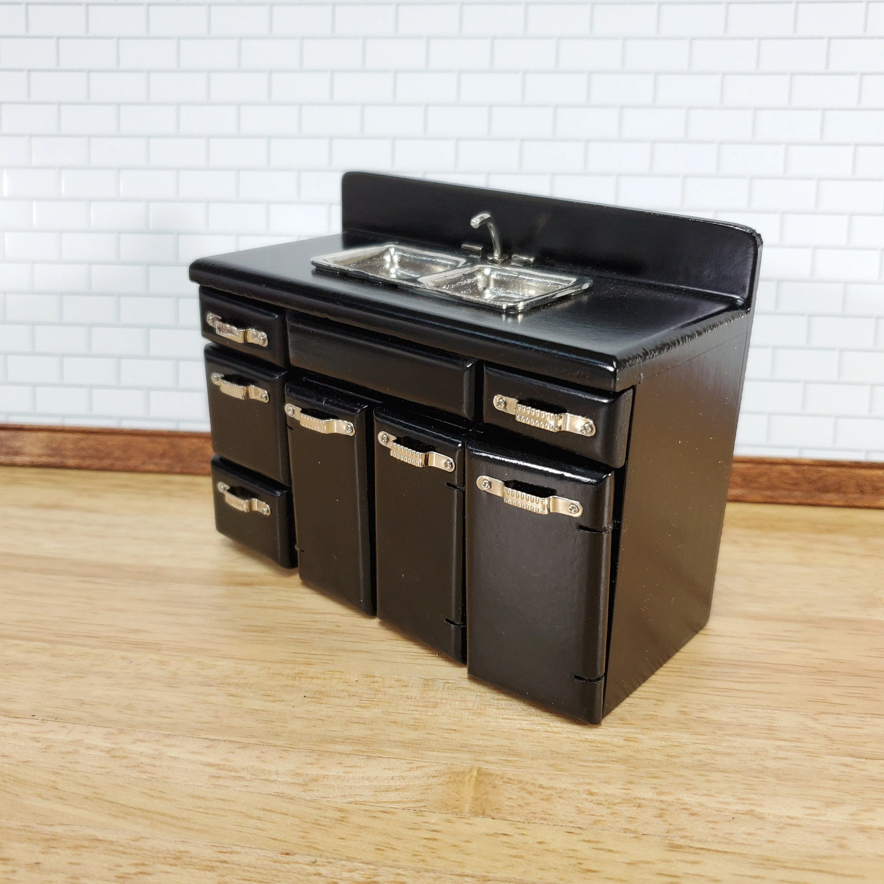 ollhouse 1950s Kitchen Sink with Cabinet Retro Style BLACK 1:12 Scale Miniature - Image 2
