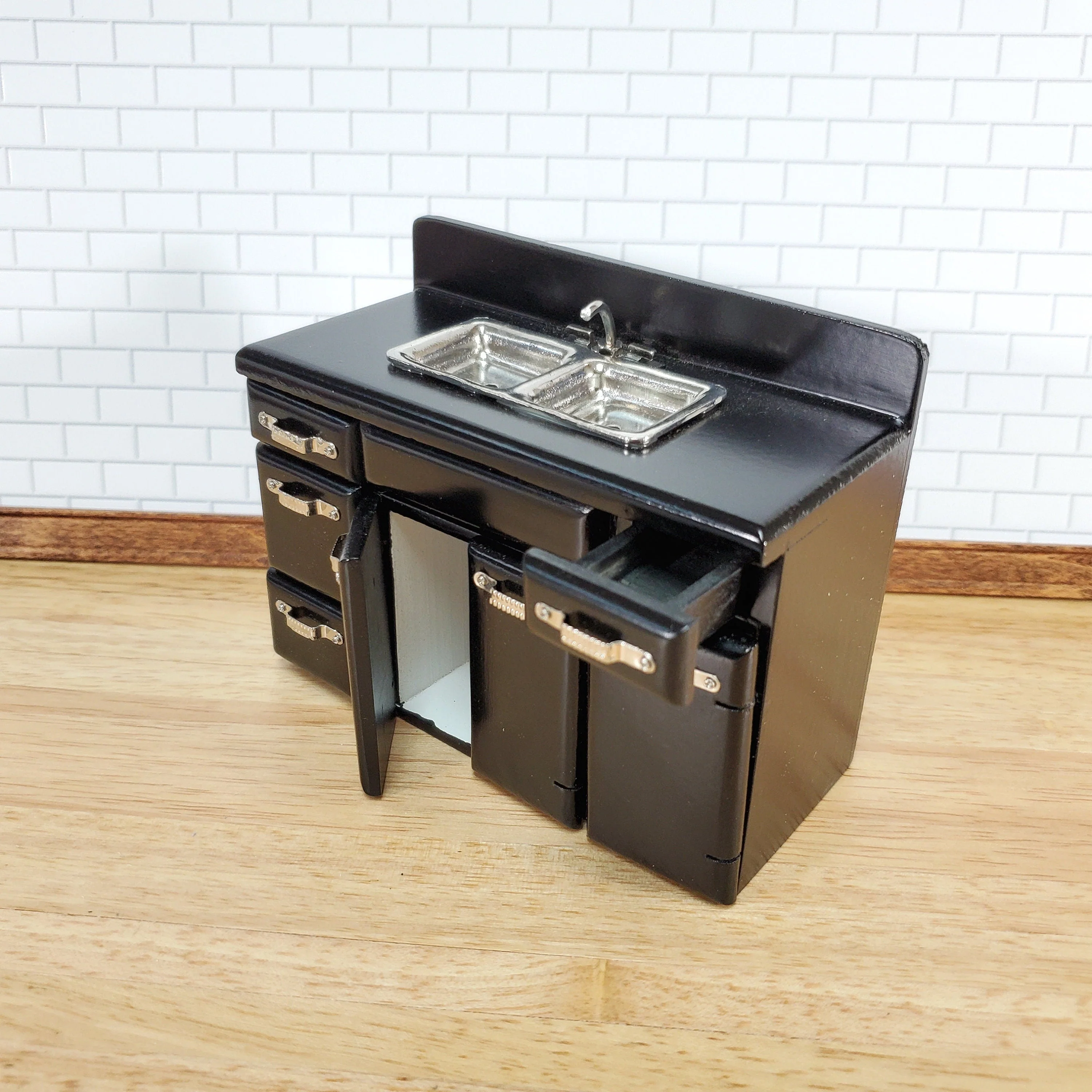 ollhouse 1950s Kitchen Sink with Cabinet Retro Style BLACK 1:12 Scale Miniature - Image 3
