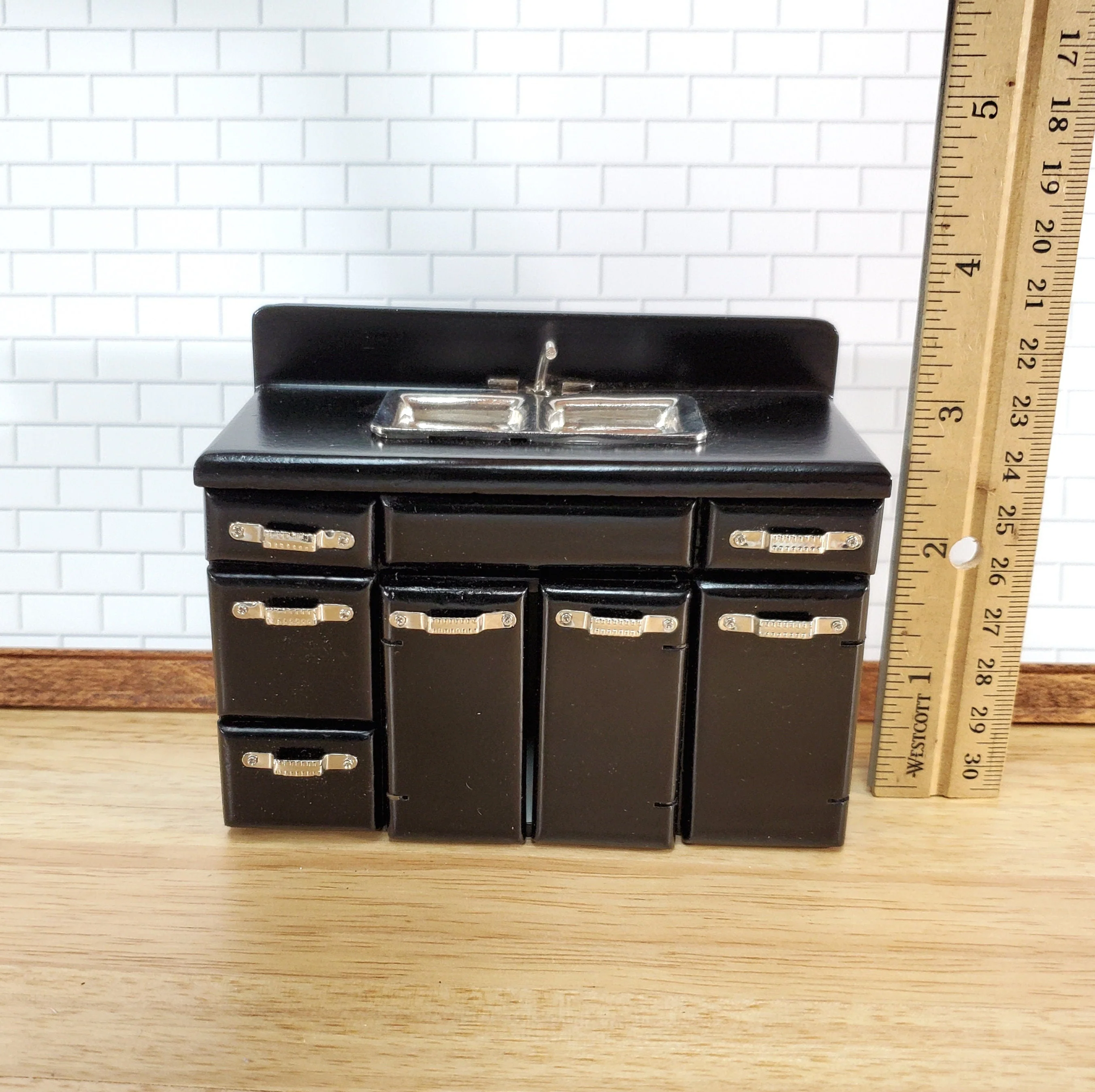 ollhouse 1950s Kitchen Sink with Cabinet Retro Style BLACK 1:12 Scale Miniature - Image 6