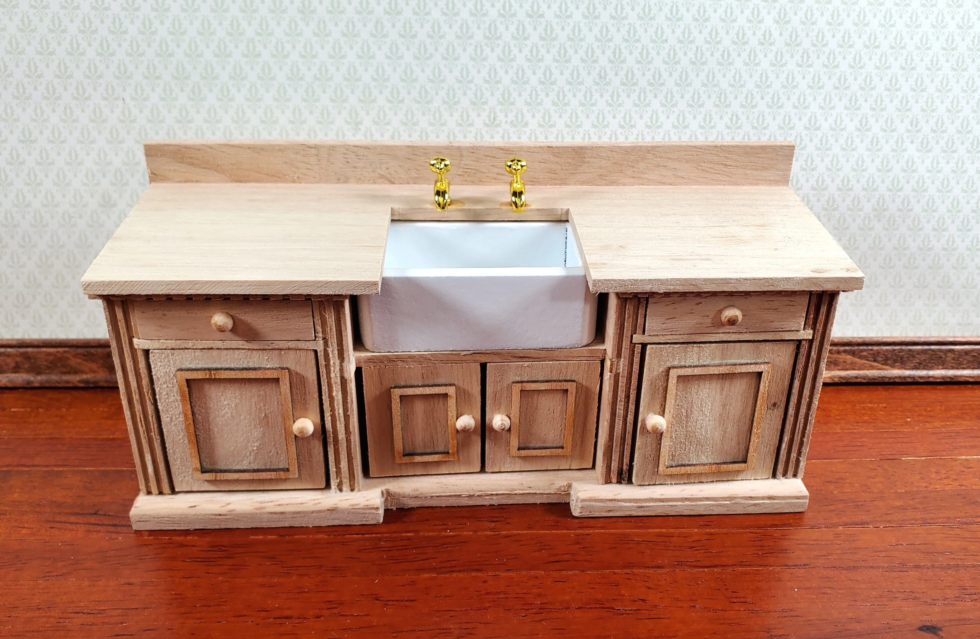 Dollhouse Kitchen Sink with Counter Cabinet 1:12 Scale Miniature Unpainted Wood - Image 3