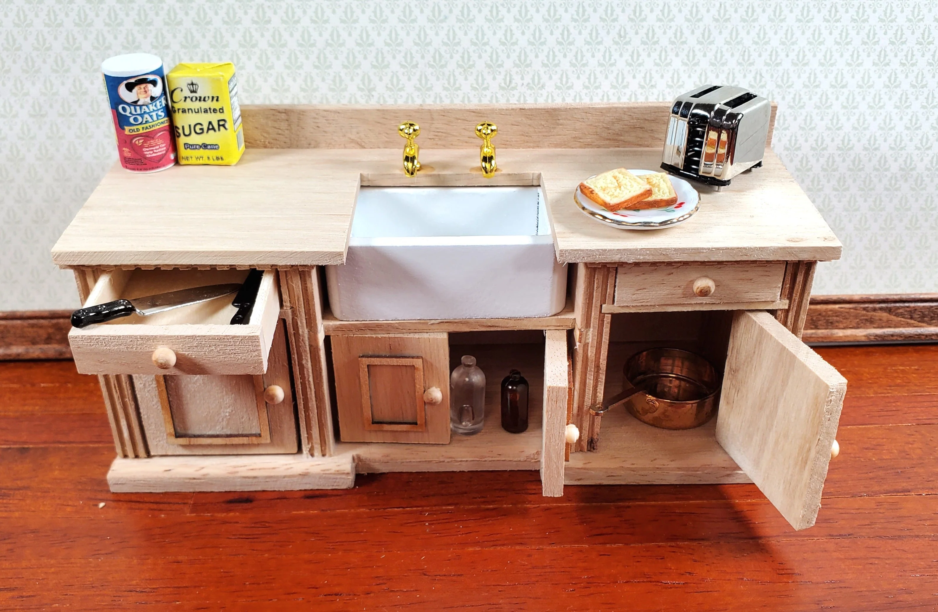 Dollhouse Kitchen Sink with Counter Cabinet 1:12 Scale Miniature Unpainted Wood - Image 4