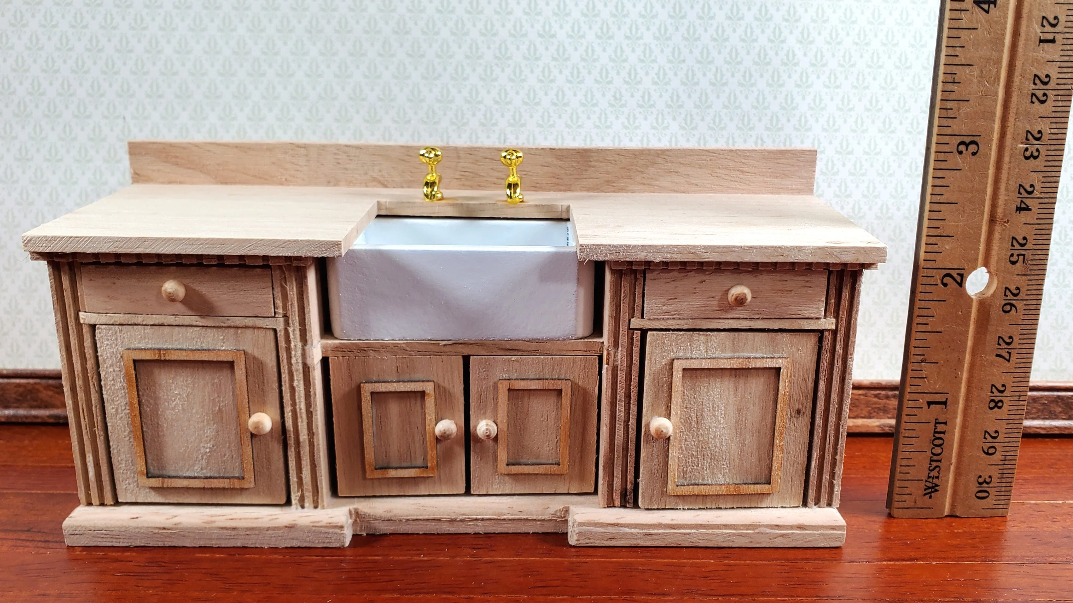 Dollhouse Kitchen Sink with Counter Cabinet 1:12 Scale Miniature Unpainted Wood - Image 5
