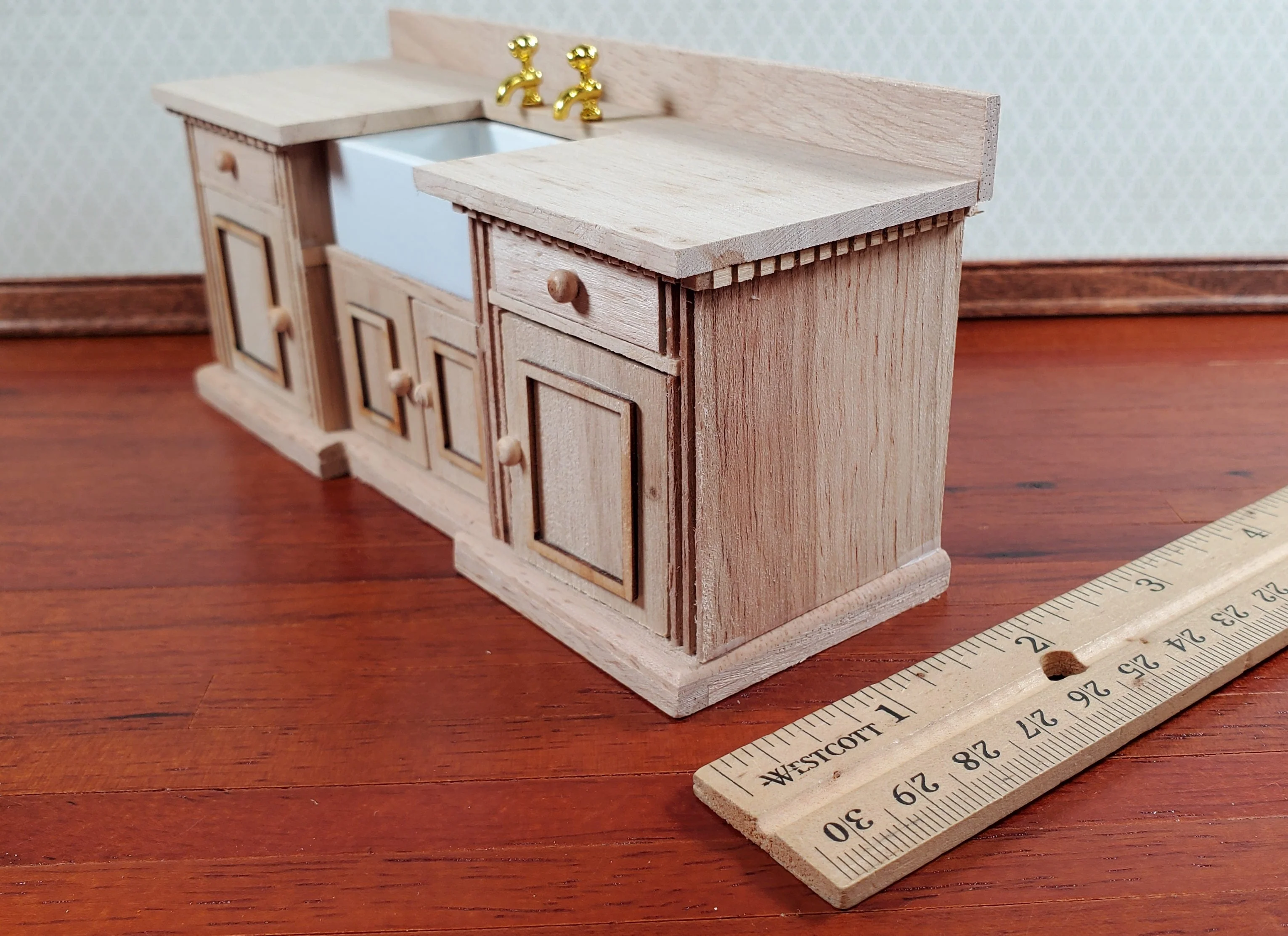Dollhouse Kitchen Sink with Counter Cabinet 1:12 Scale Miniature Unpainted Wood - Image 6