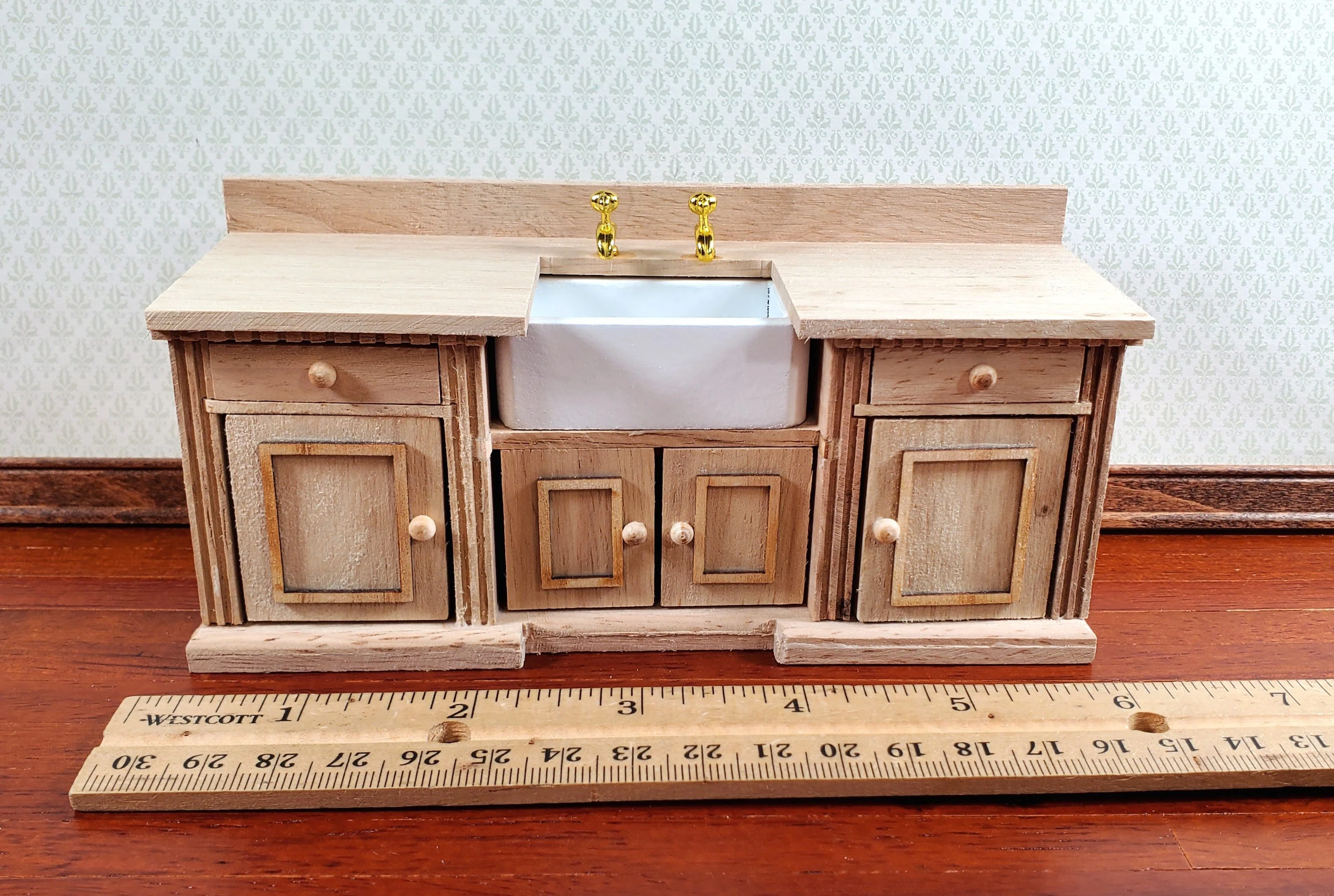 Dollhouse Kitchen Sink with Counter Cabinet 1:12 Scale Miniature Unpainted Wood - Image 7