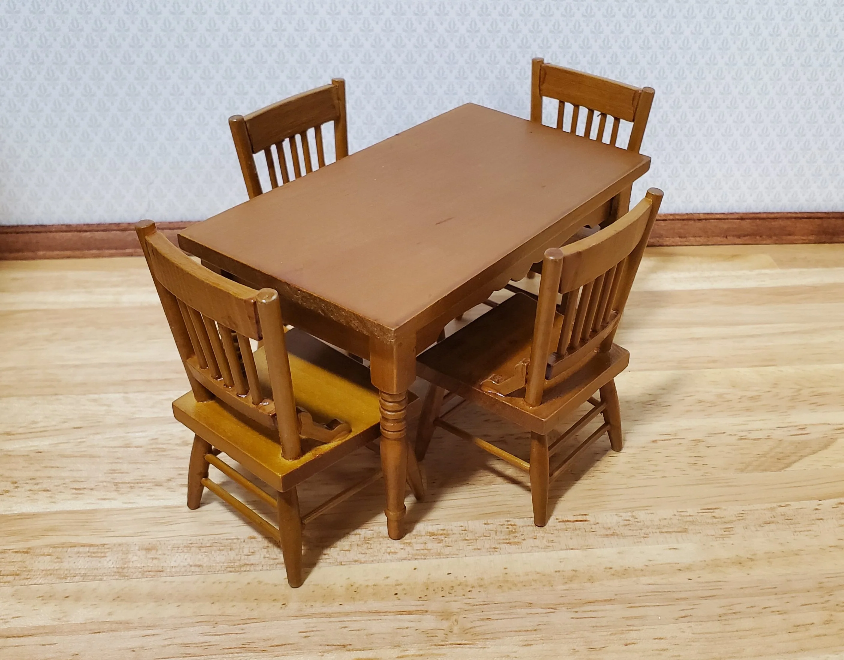 Dollhouse Kitchen Table & 4 Chairs Set Walnut Finish 1:12 Scale Furniture - Image 2