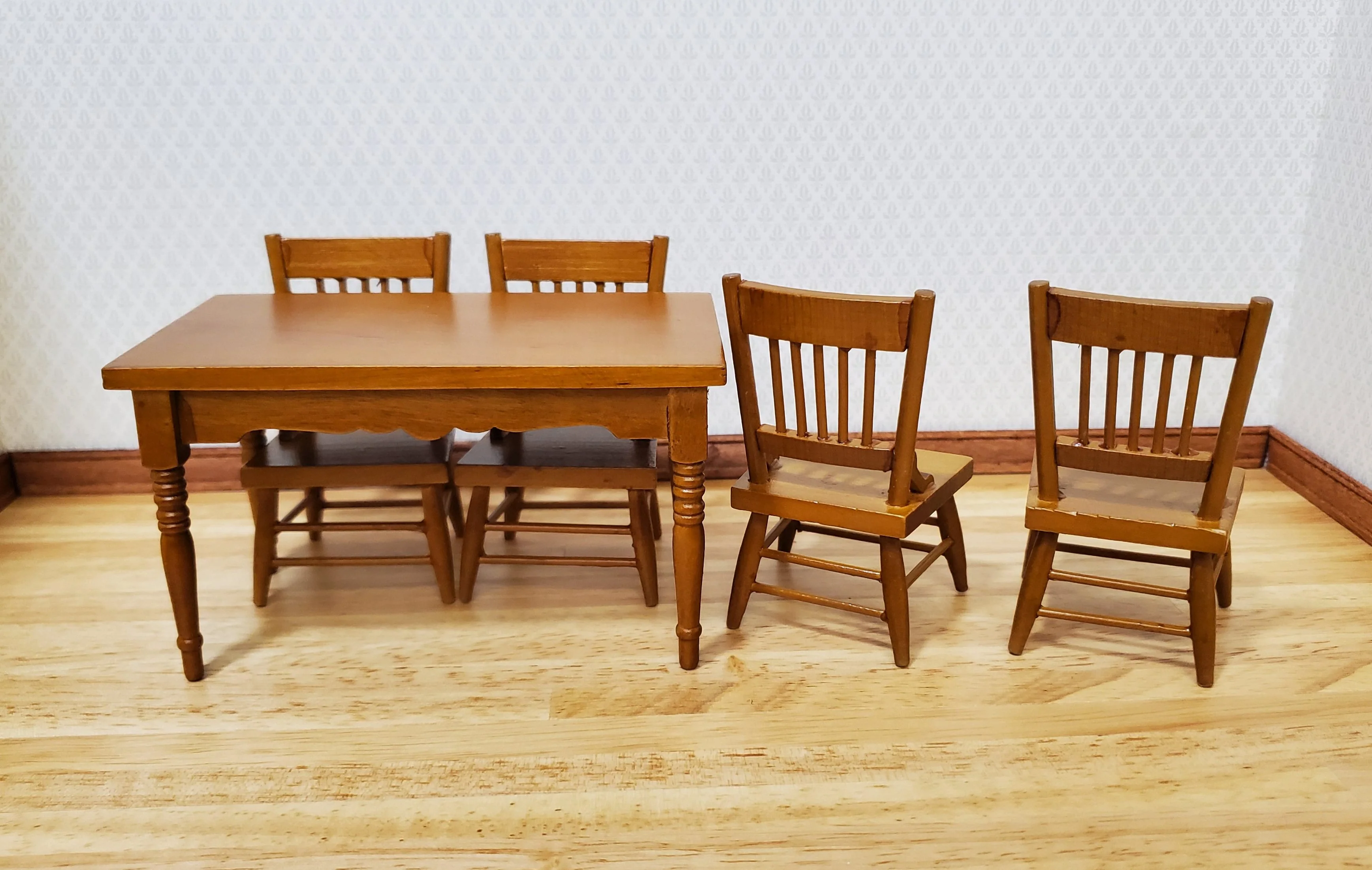 Dollhouse Kitchen Table & 4 Chairs Set Walnut Finish 1:12 Scale Furniture - Image 4
