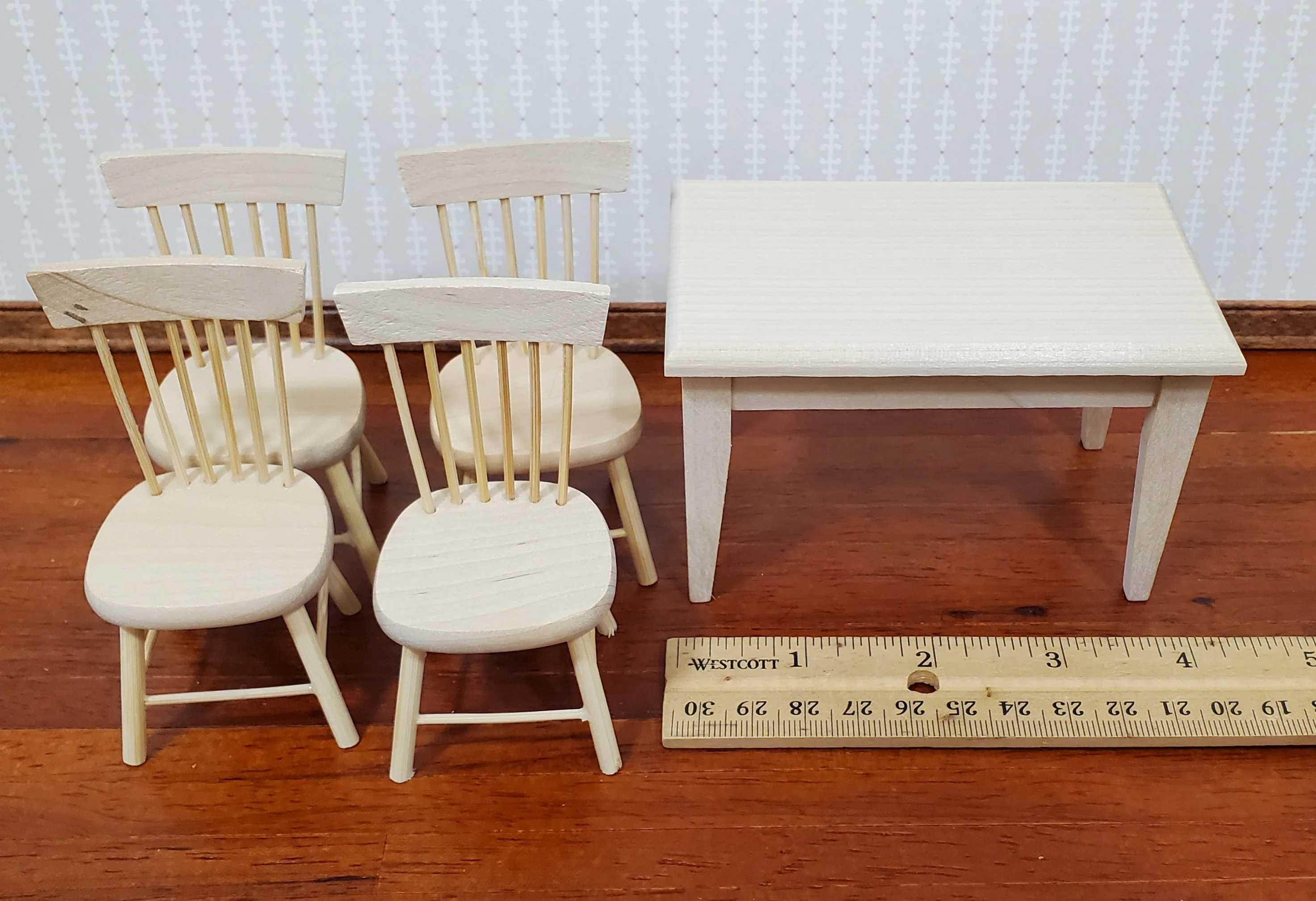 Dollhouse Kitchen Table with 4 Chairs Unpainted 1:12 Scale Miniature Furniture - Image 3