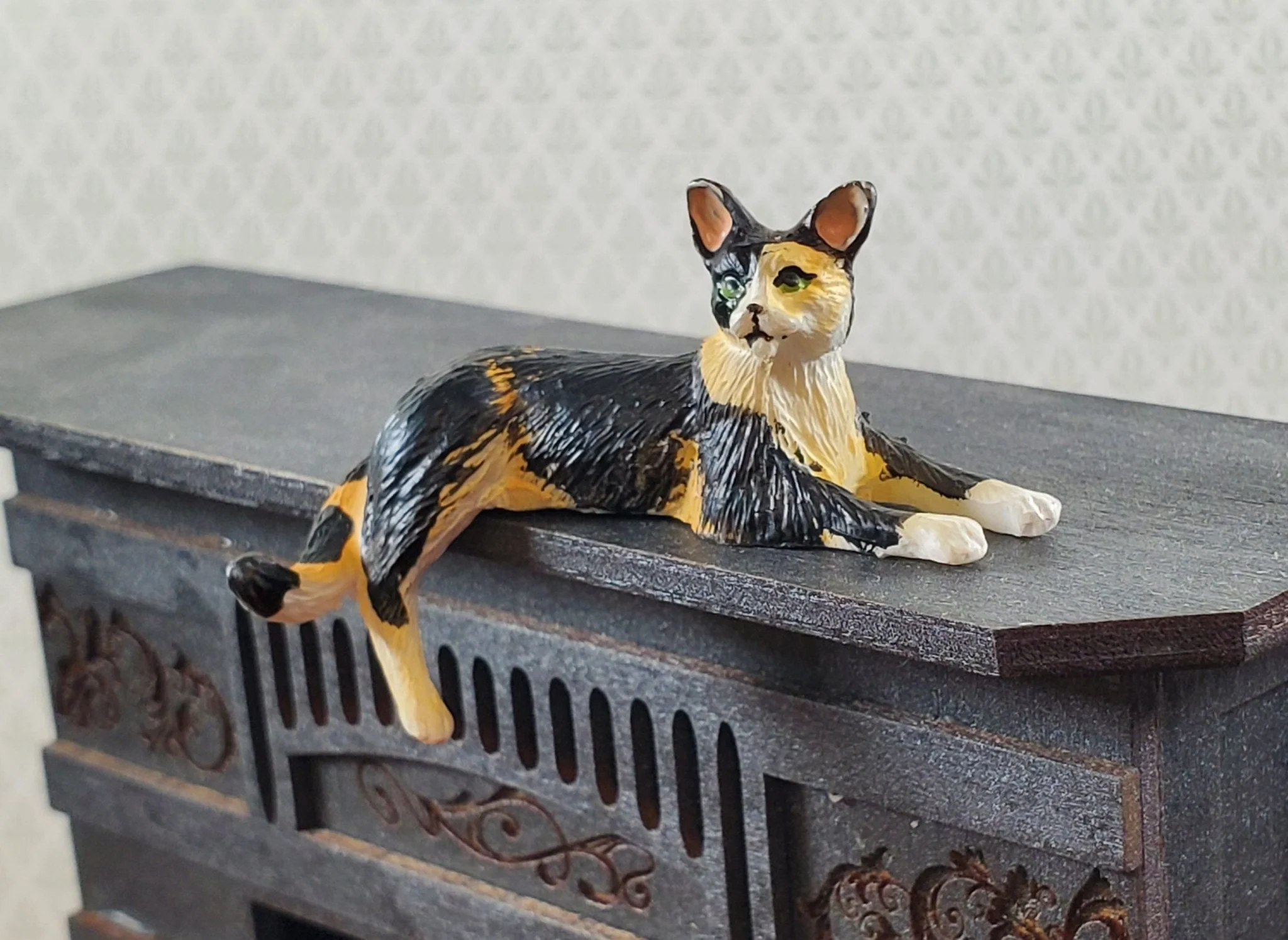 Dollhouse Kitty Cat Calico Black Orange Shelf Sitter Leg Down 1:12 Scale Miniature