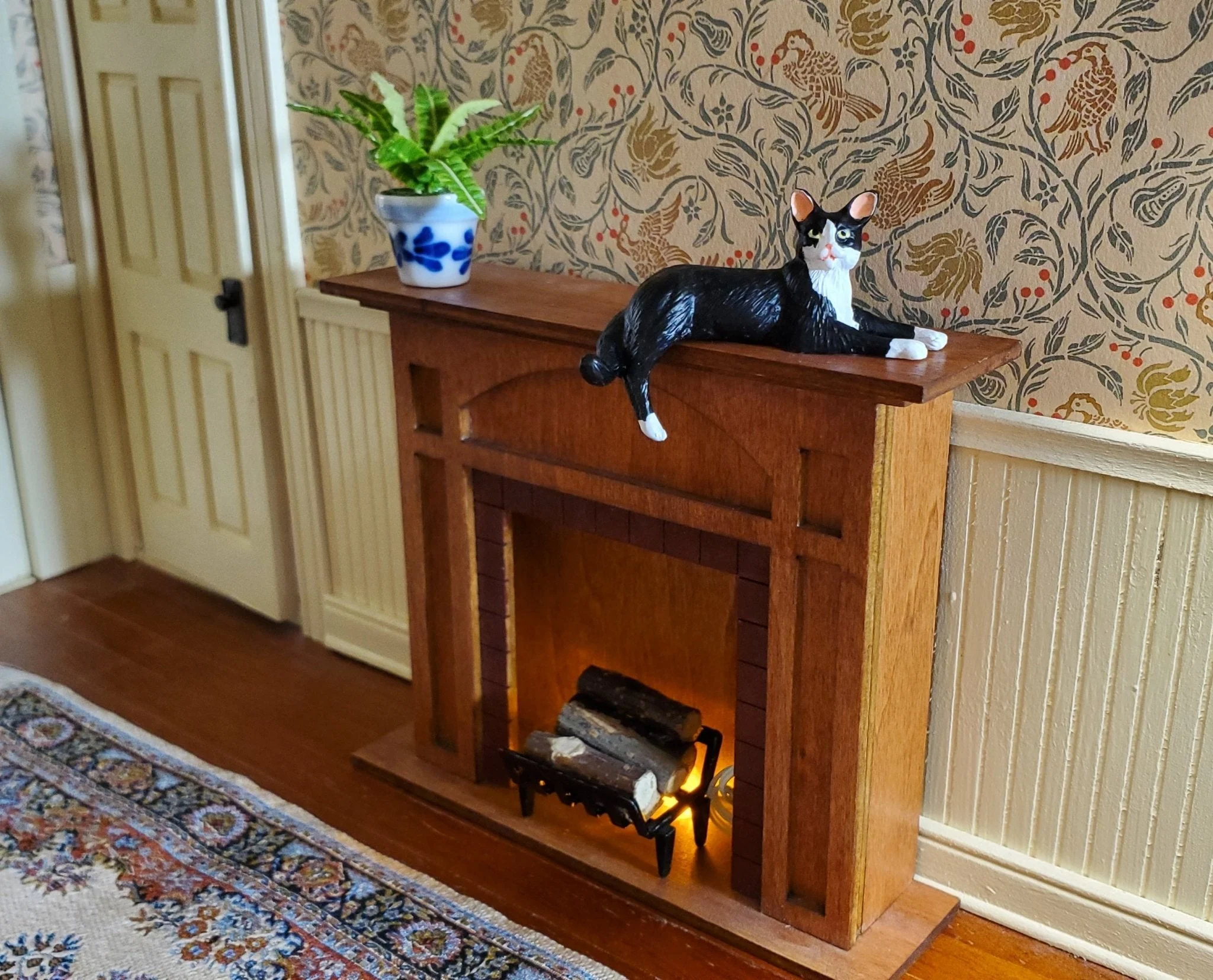 Dollhouse Kitty Cat Tuxedo Black White Shelf Sitter Leg Down 1:12 Scale Miniature - Image 3