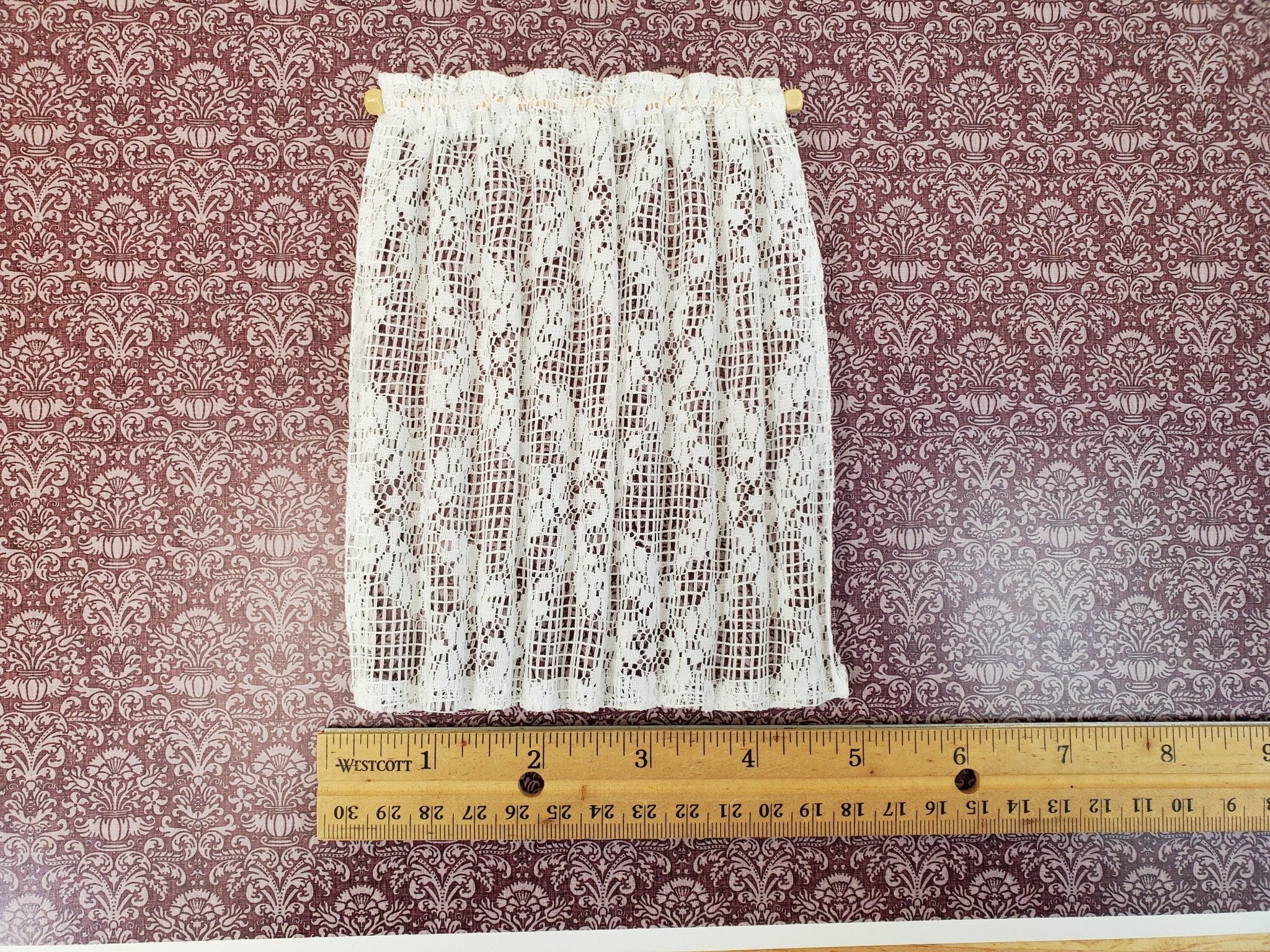 Dollhouse Lace Curtains White with Curtain Rod 1:12 Scale 6" Long Miniature - Image 3