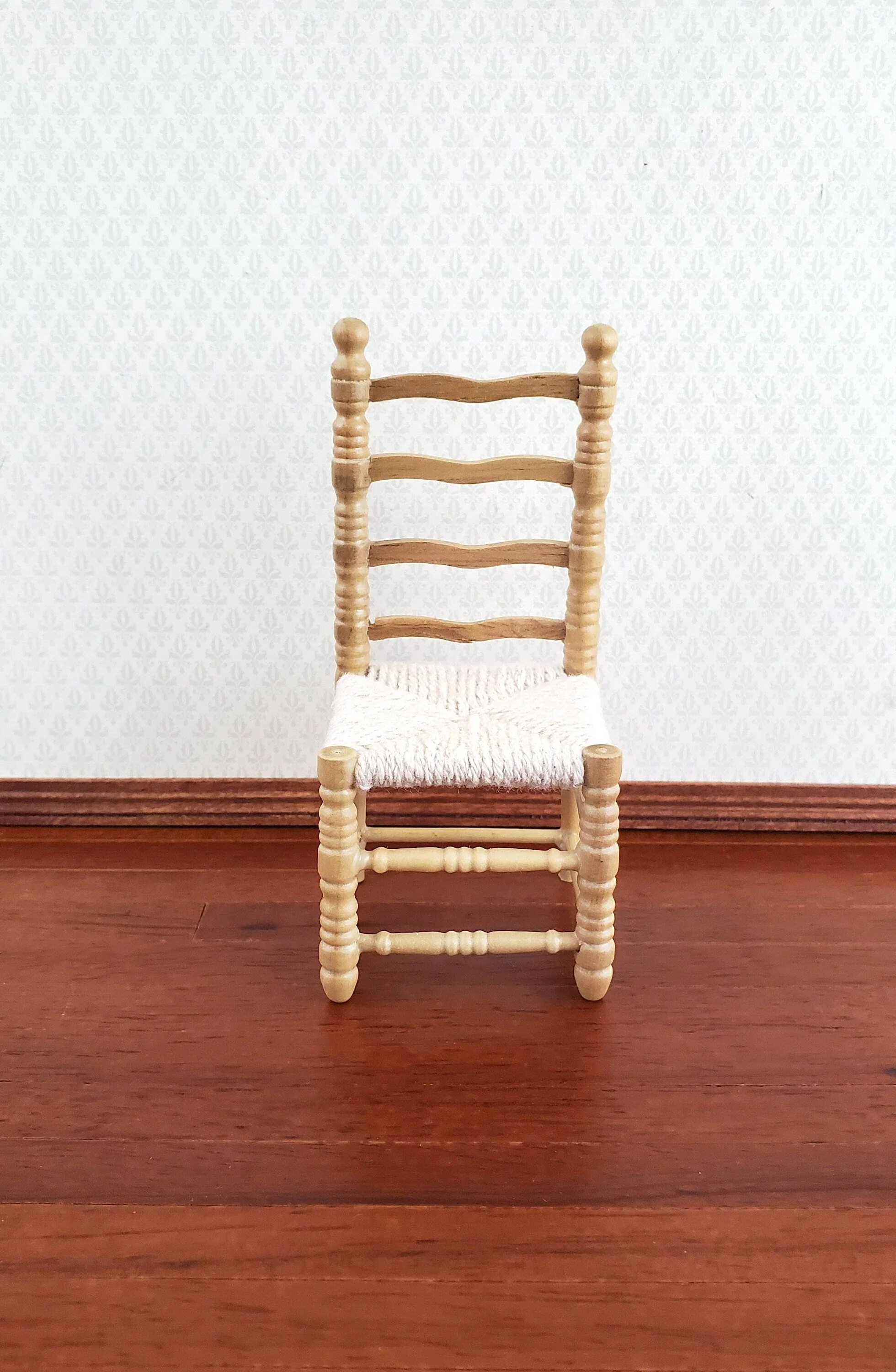 Dollhouse Ladderback Chair Turned Legs Rush Seat Light Oak Finish 1:12 Scale Miniature Furniture - Image 2