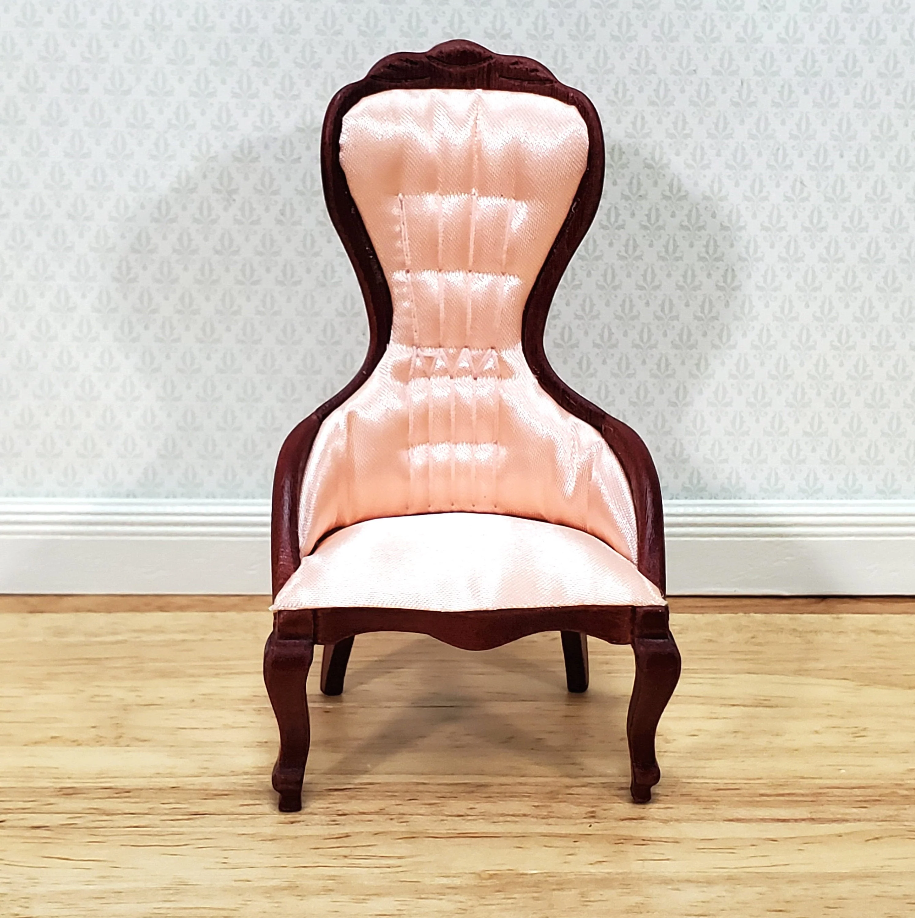 Dollhouse Ladies Chair Victorian Pink & Mahogany Finish 1:12 Scale Miniature Furniture - Image 2