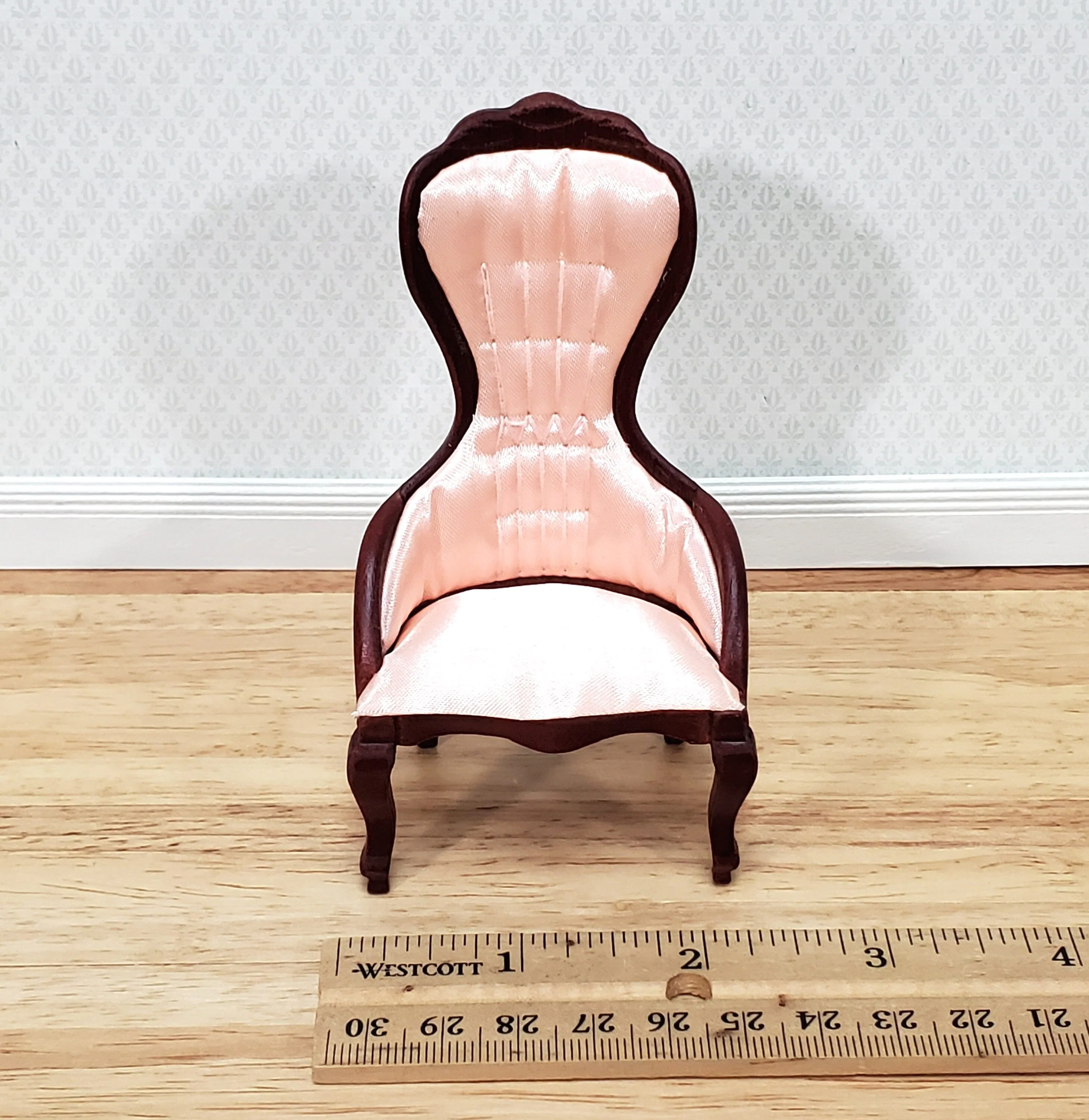 Dollhouse Ladies Chair Victorian Pink & Mahogany Finish 1:12 Scale Miniature Furniture - Image 5