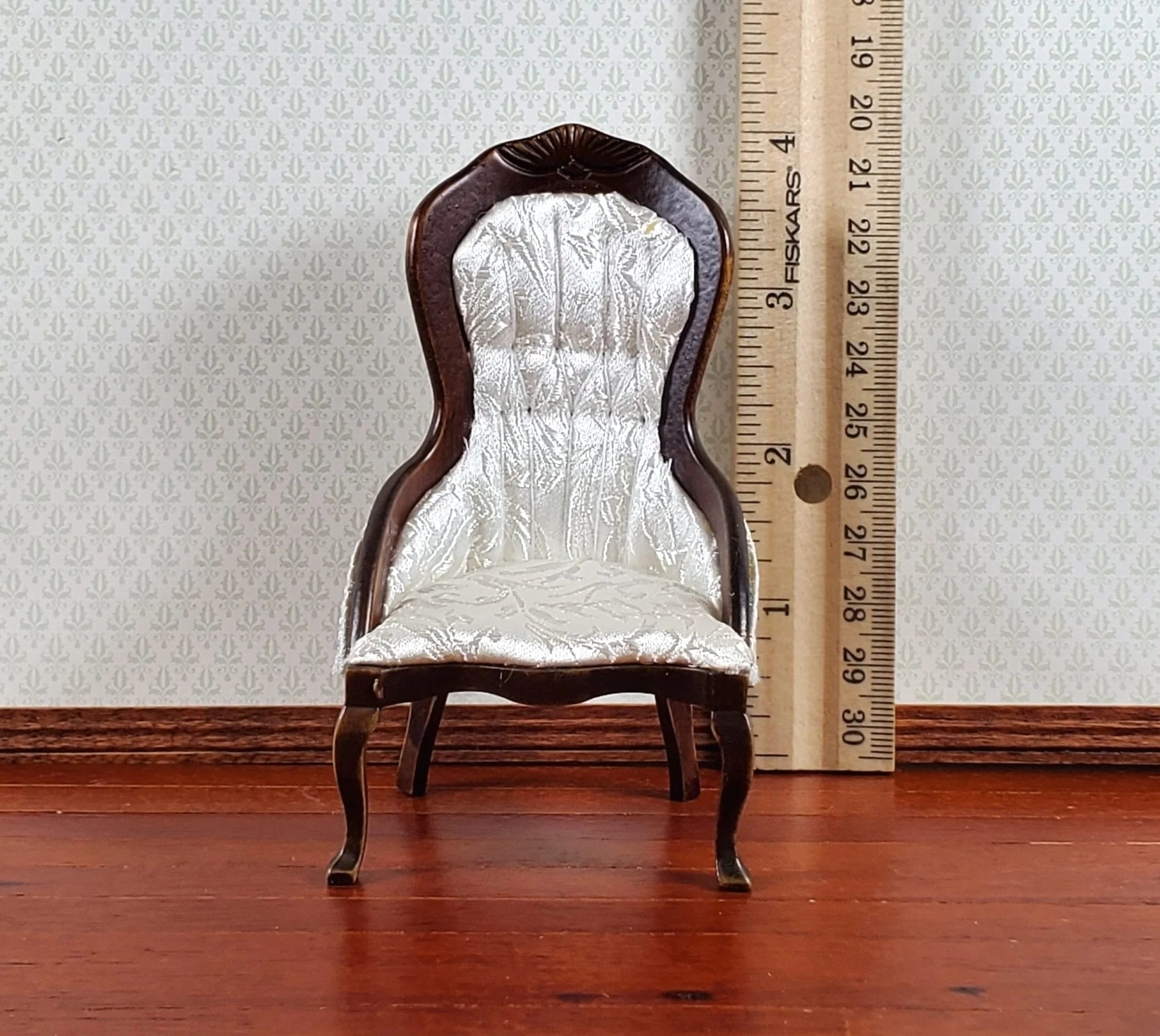 Dollhouse Ladies Chair Victorian White Dark Walnut Finish 1:12 Scale Miniature Furniture - Image 4