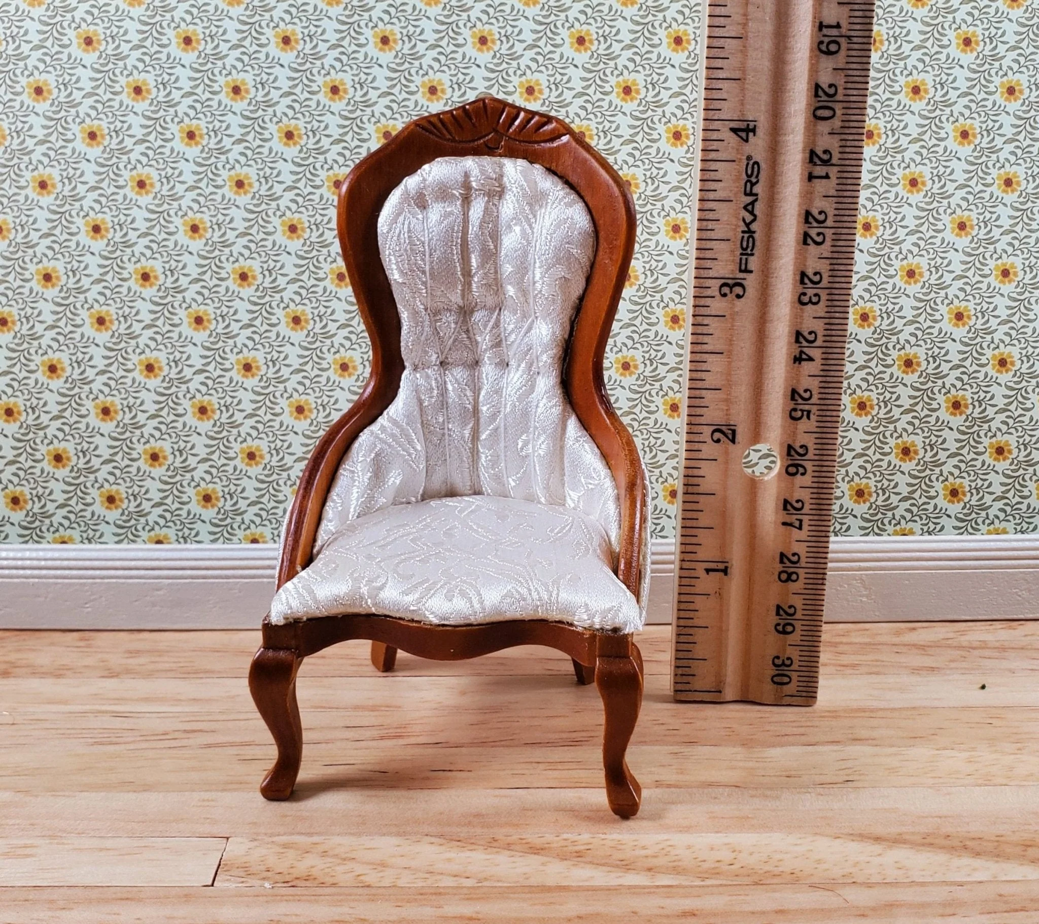 Dollhouse Ladies Chair Victorian White Light Walnut Finish 1:12 Scale Furniture - Image 4