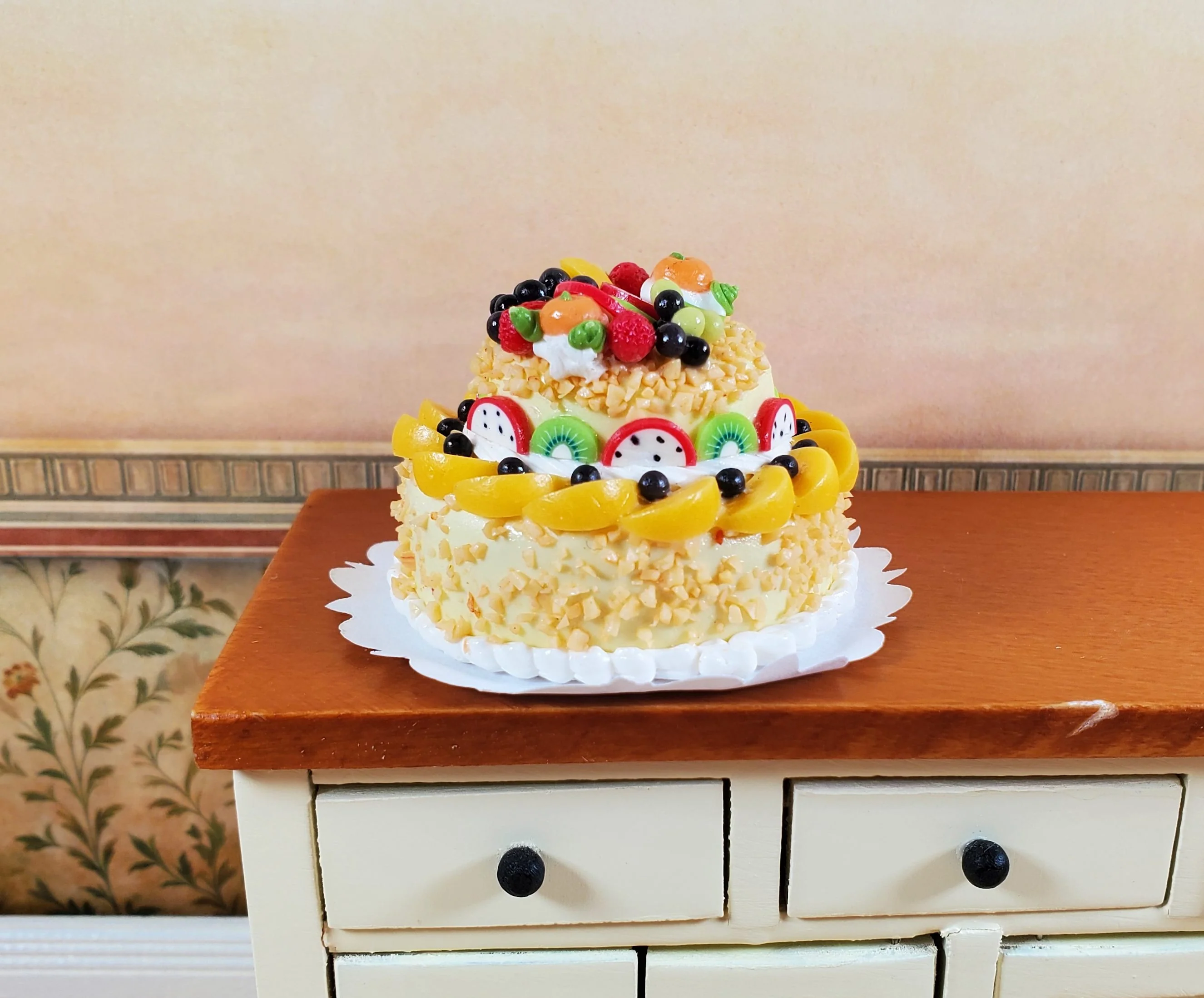 Dollhouse Large 2 Tier Cake with Fruit Topping 1:12 Scale Miniature Dessert Food
