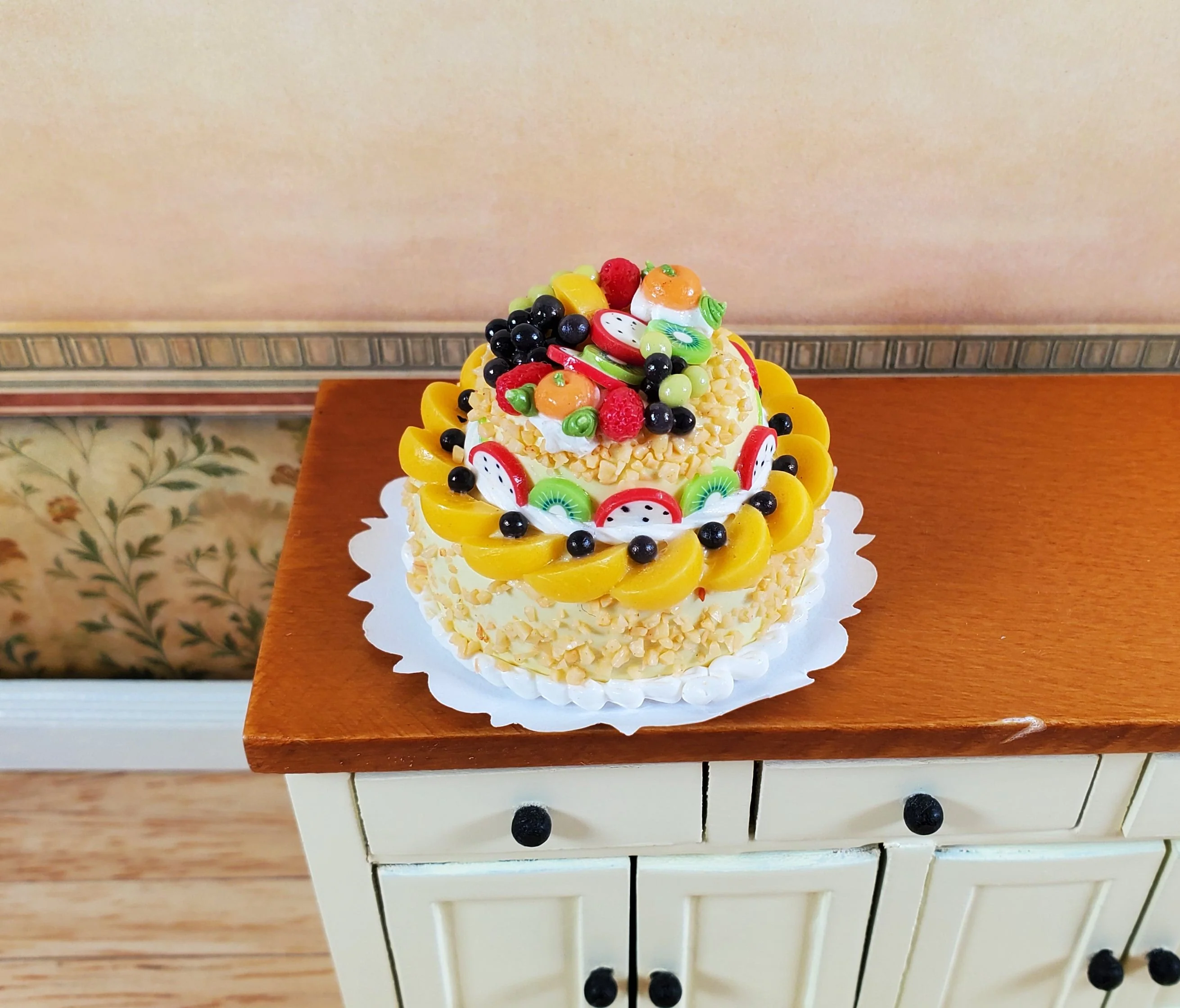Dollhouse Large 2 Tier Cake with Fruit Topping 1:12 Scale Miniature Dessert Food - Image 2