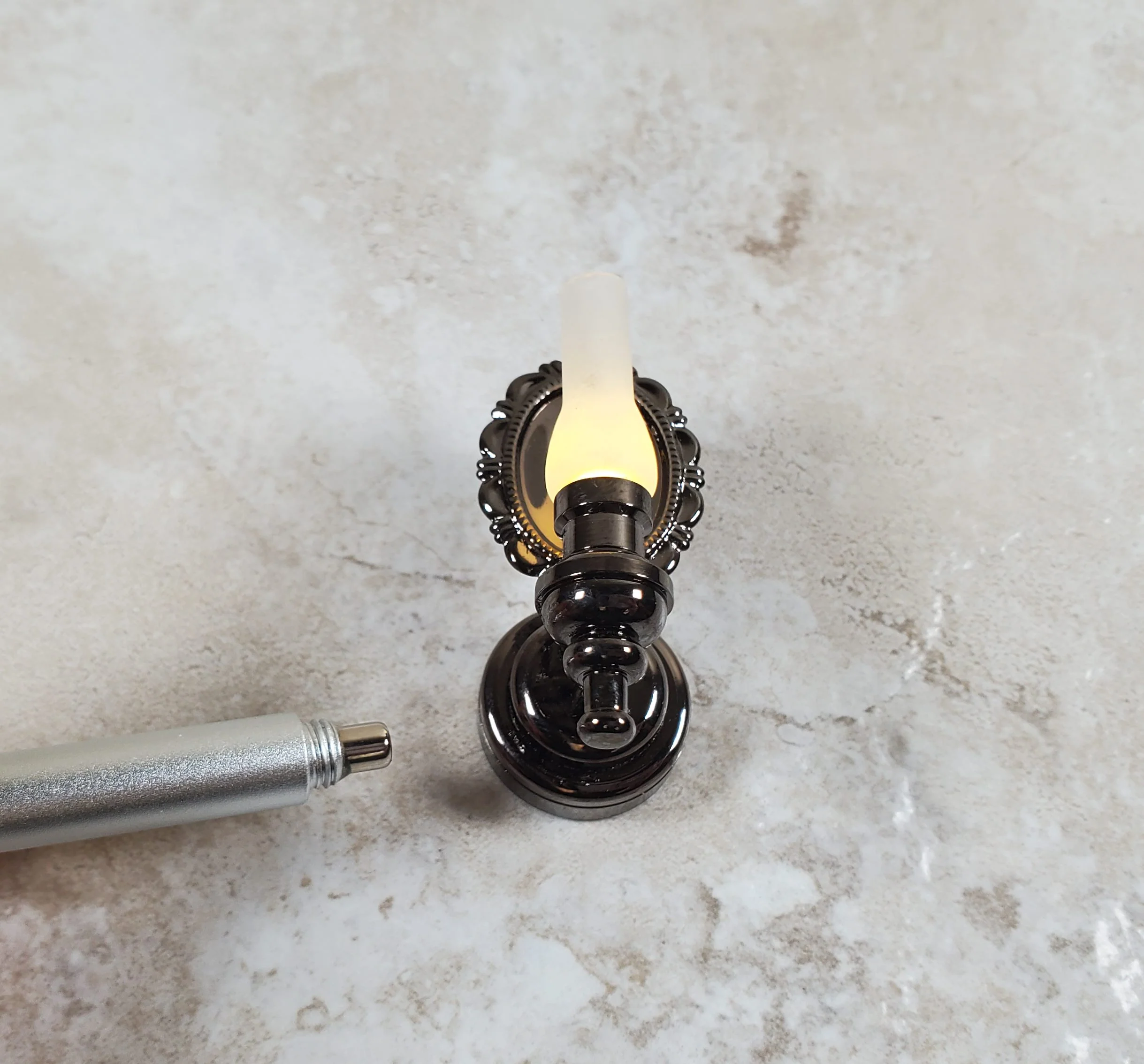 Dollhouse Large Black Chrome Wall Sconce Wand Operated 1:12 Scale Miniature - Image 4