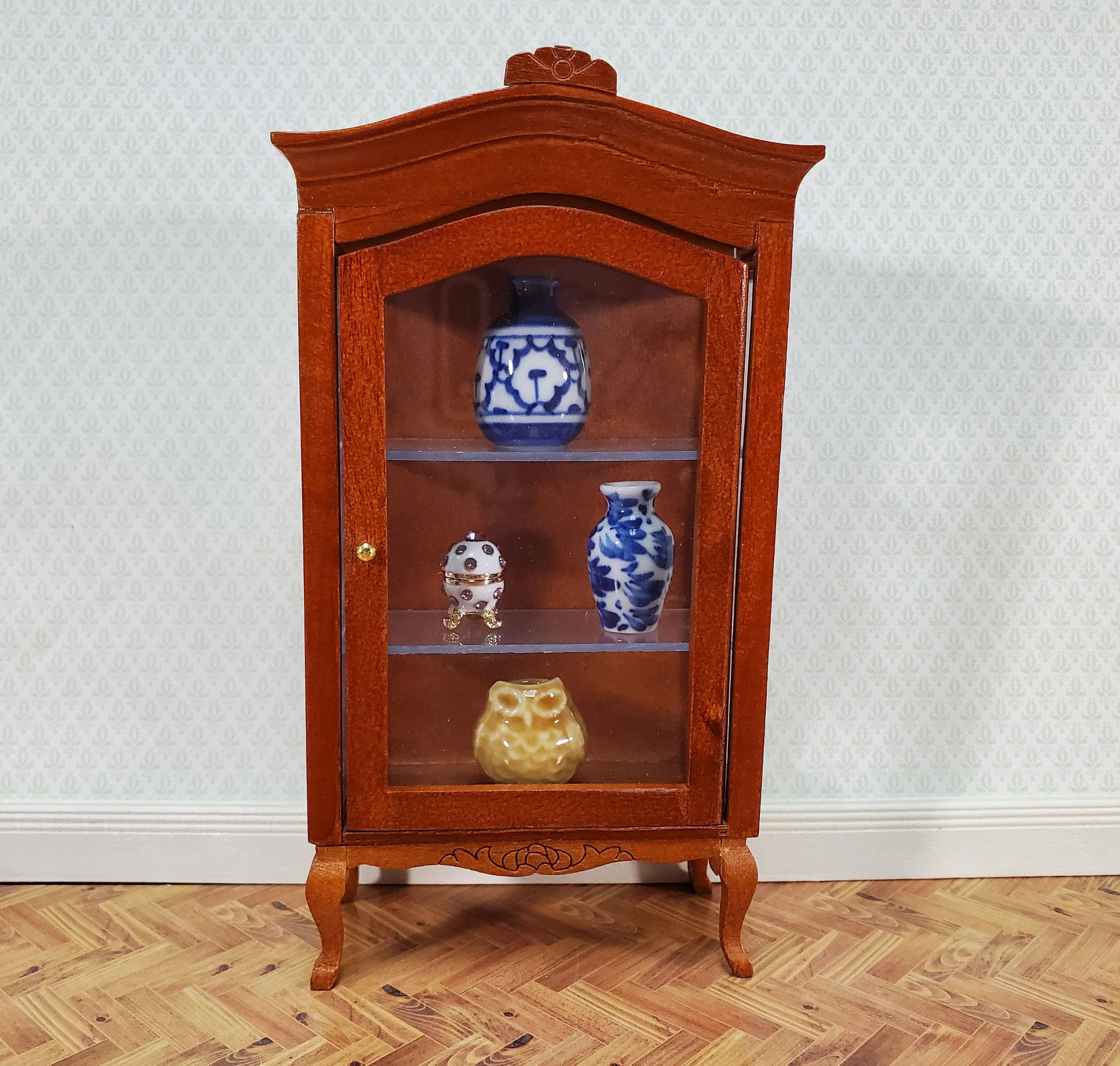 Dollhouse Large Curio Cabinet with Door Walnut Finish 1:12 Scale Miniature Furniture - Image 4