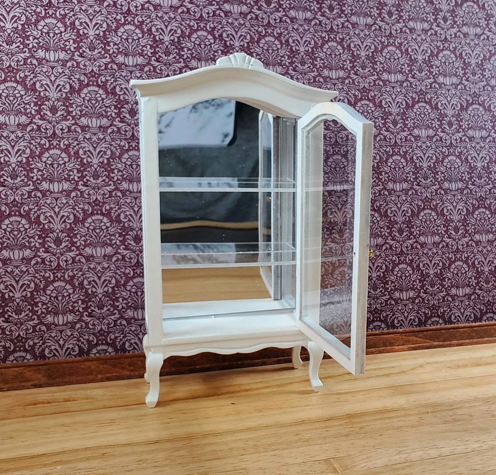 Dollhouse Large Curio Cabinet with Door White Mirrored Back 1:12 Scale Miniature - Image 3