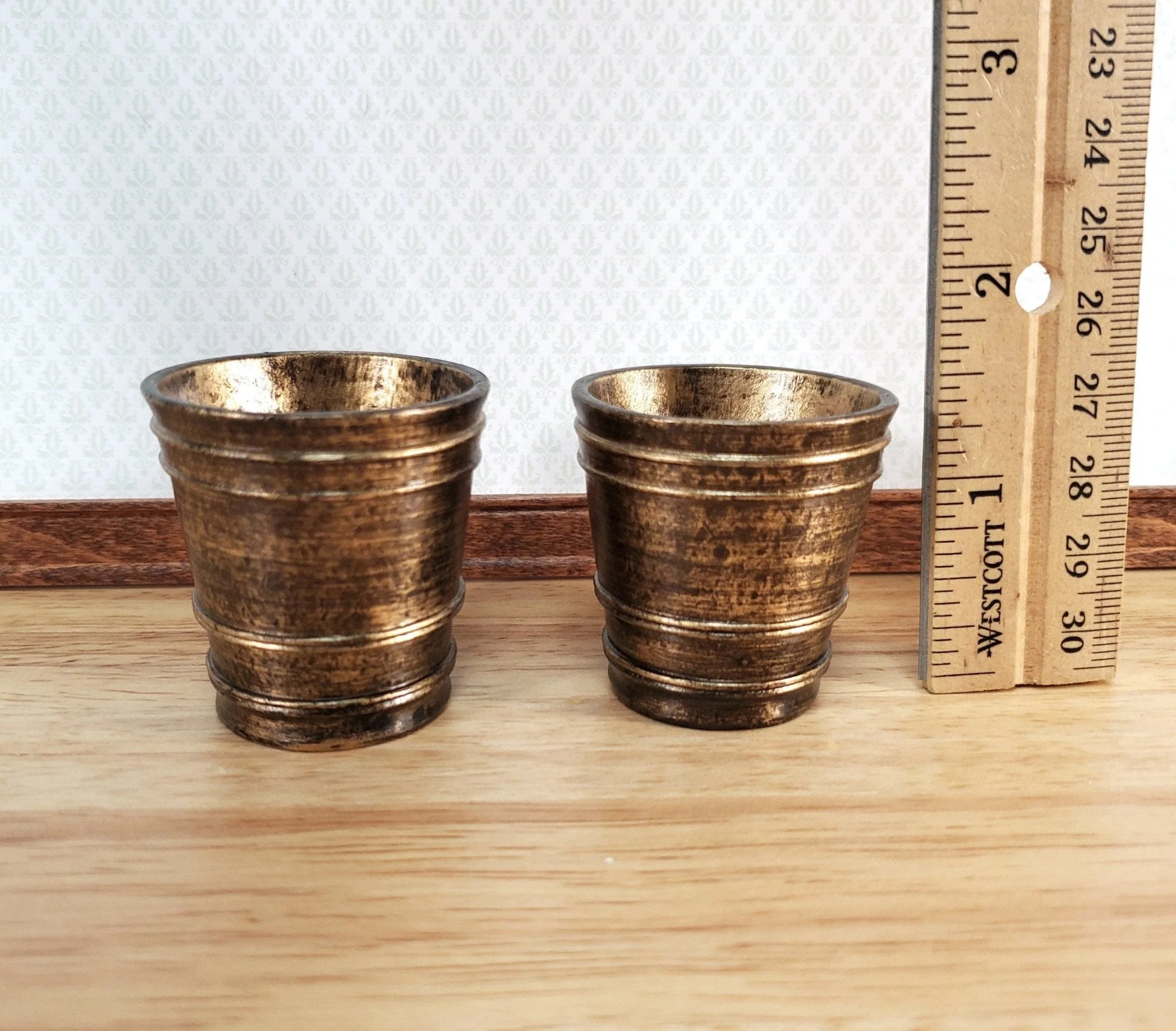 Dollhouse Large Garden Pots Aged Gold Finish Planters x2 1:12 Scale A4094GD by Falcon Miniatures - Image 3