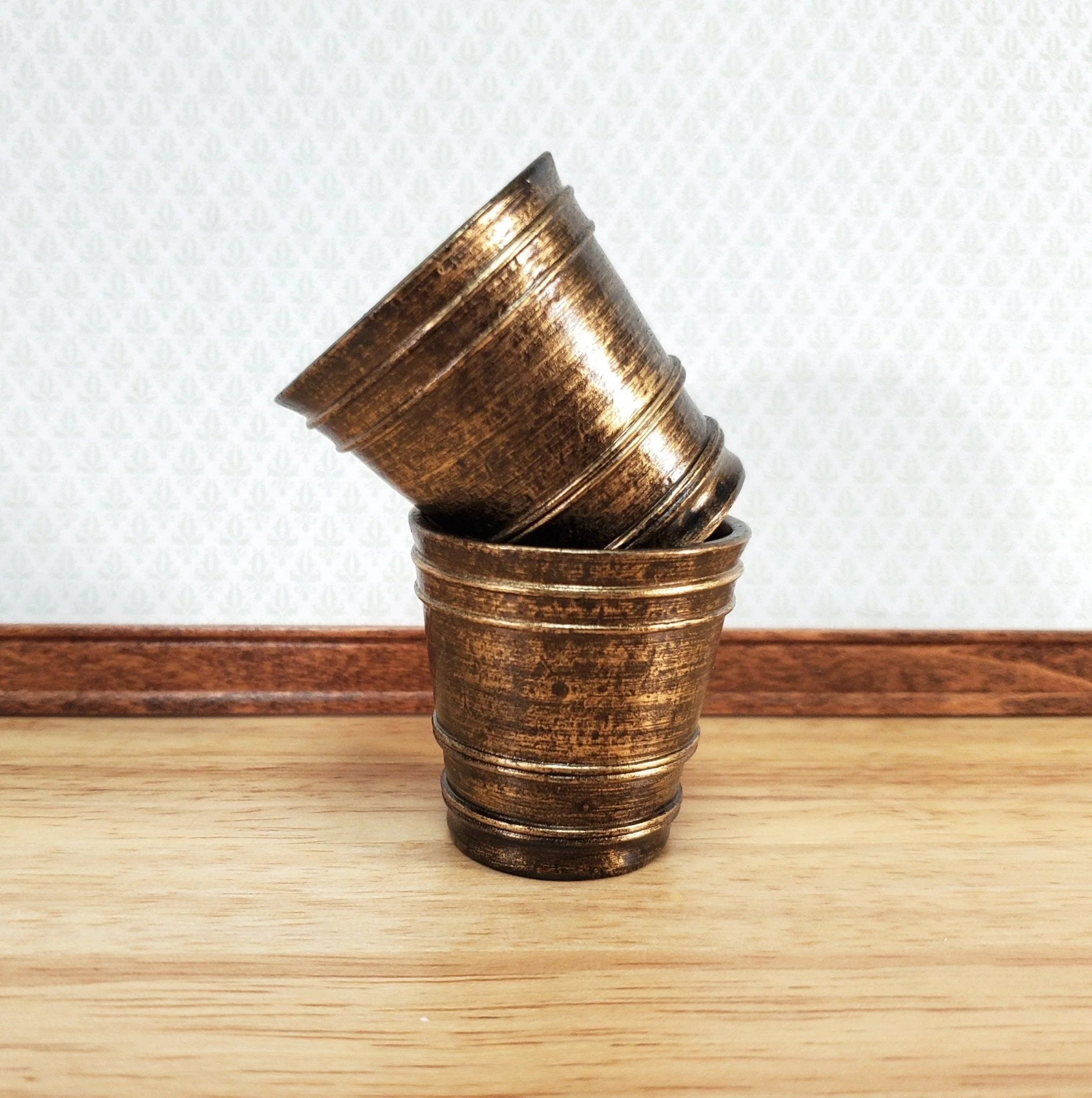 Dollhouse Large Garden Pots Aged Gold Finish Planters x2 1:12 Scale A4094GD by Falcon Miniatures - Image 4