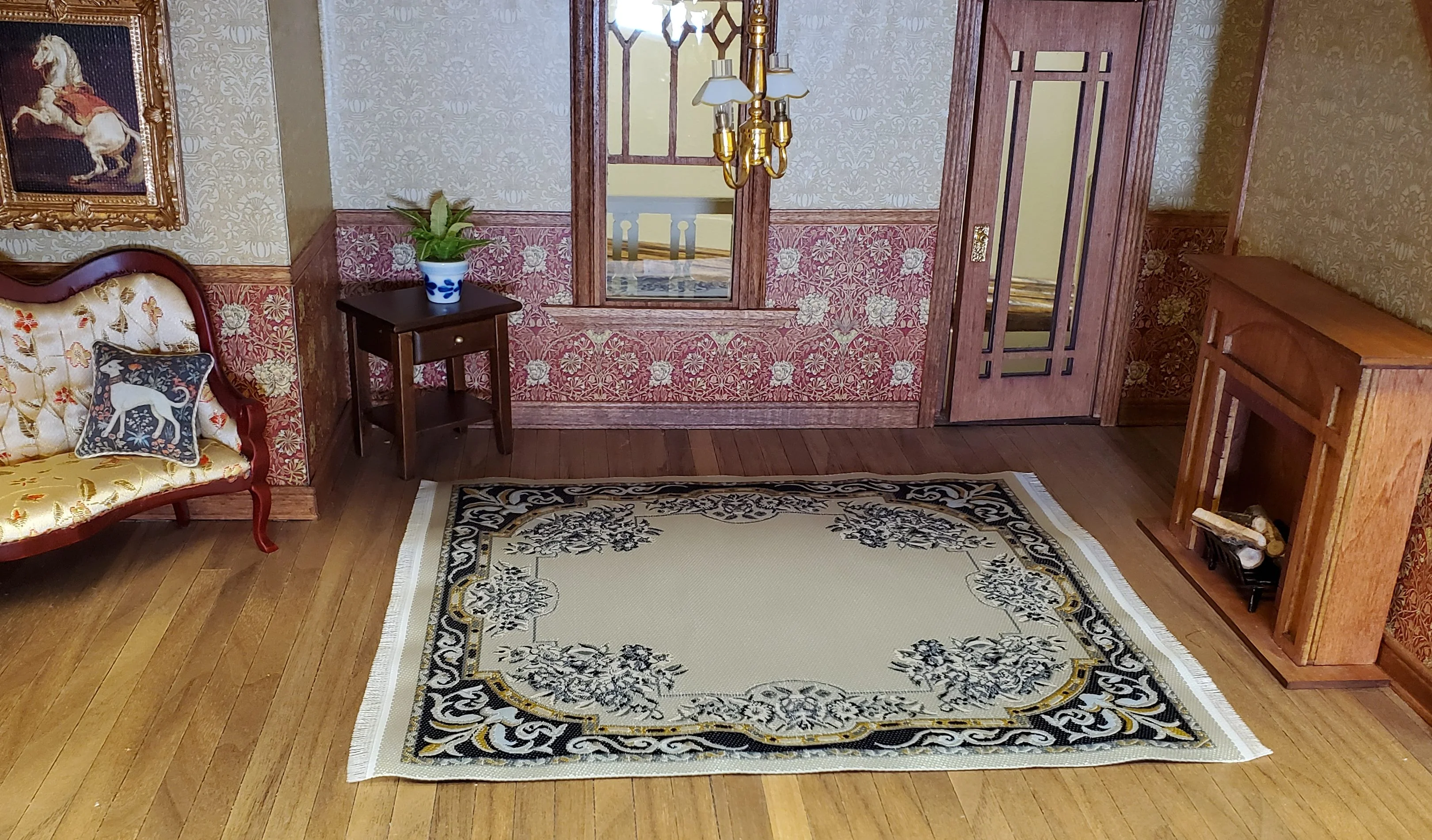Dollhouse Large Rug Fabric Blue Gold Beige Full Room 1:12 Scale Miniature Carpet - Image 2