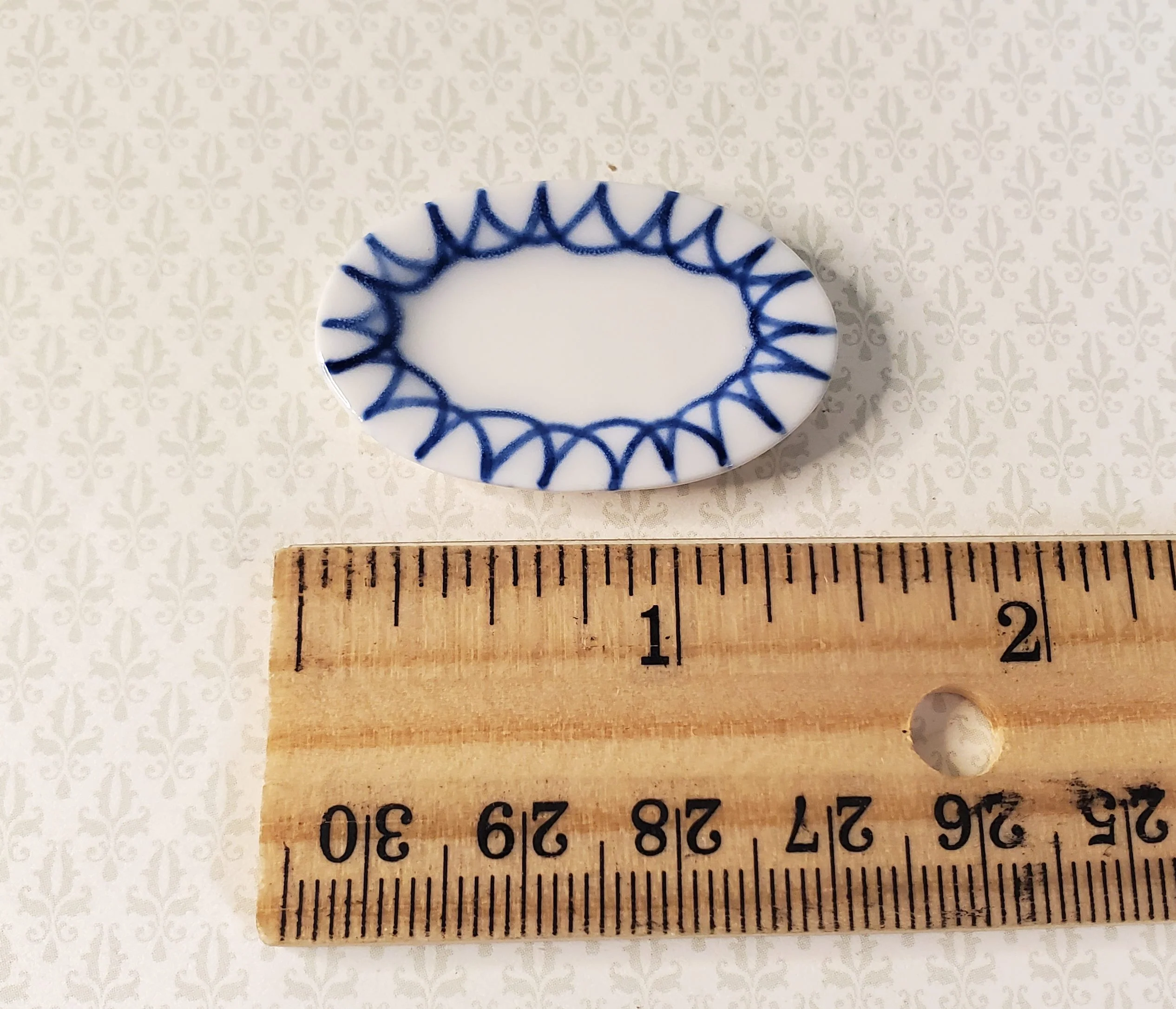 Dollhouse Large White Ceramic Platter with Blue Trim1:12 Scale Miniature - Image 3