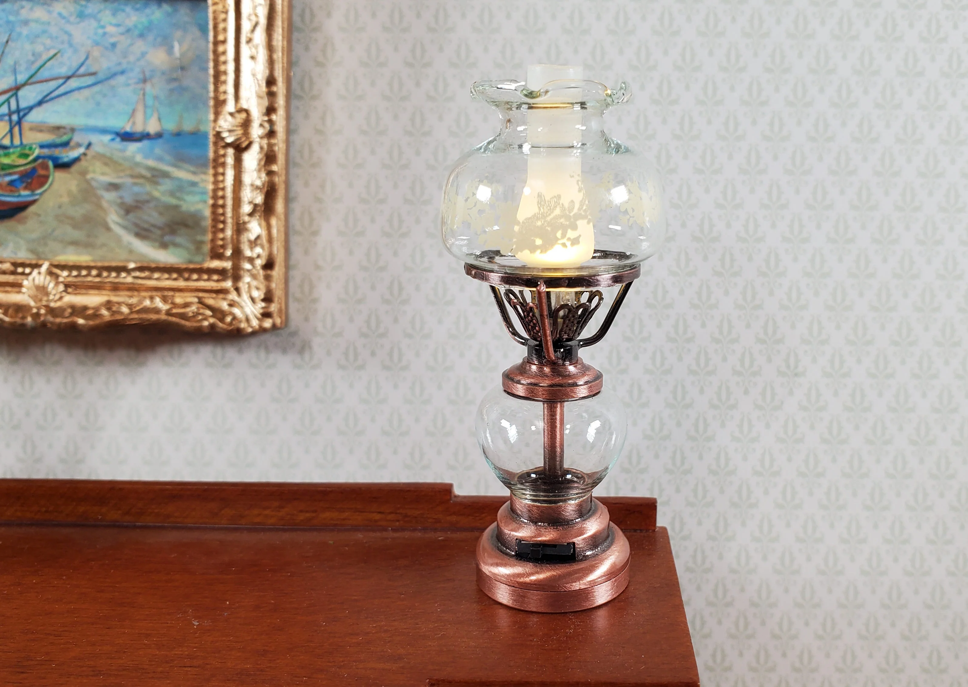 Dollhouse Light Hurricane Oil Lamp Battery Operated Copper 1:12 Scale Miniature
