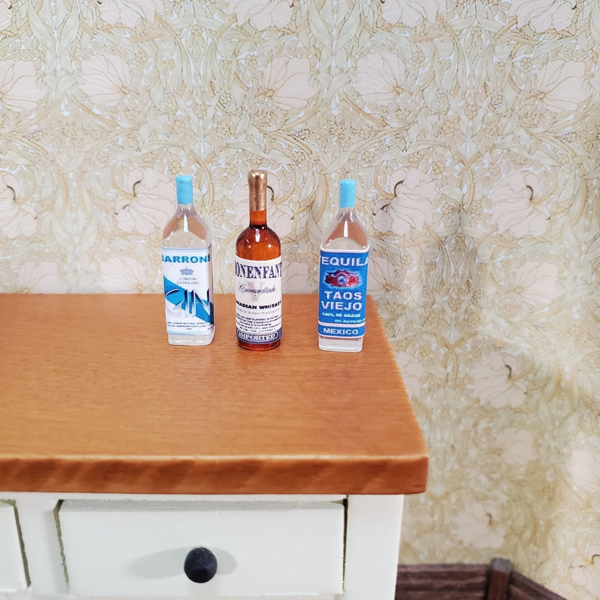 Dollhouse Liquor Set Whiskey Gin Tequila Bottles x3 Tiny 1:12 Scale Miniatures Handmade