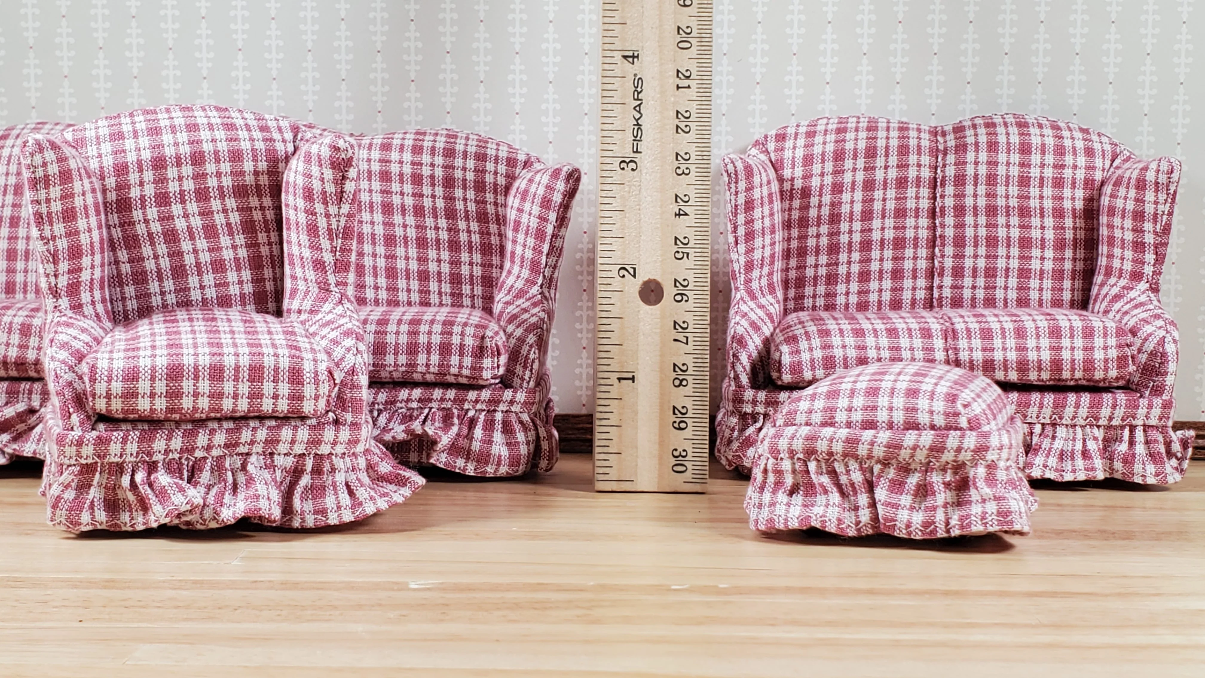 Dollhouse Living Room Set 4 pc Dusty Rose Plaid 1:12 Scale Miniature Furniture - Image 3