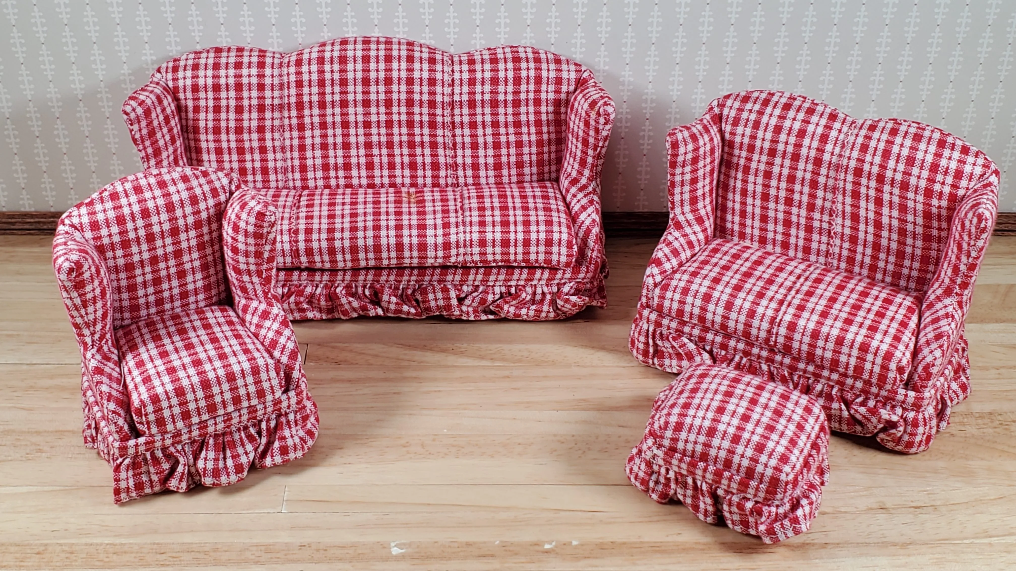 Dollhouse Living Room Set 4 pc Red Plaid 1:12 Scale Miniature Furniture - Image 2