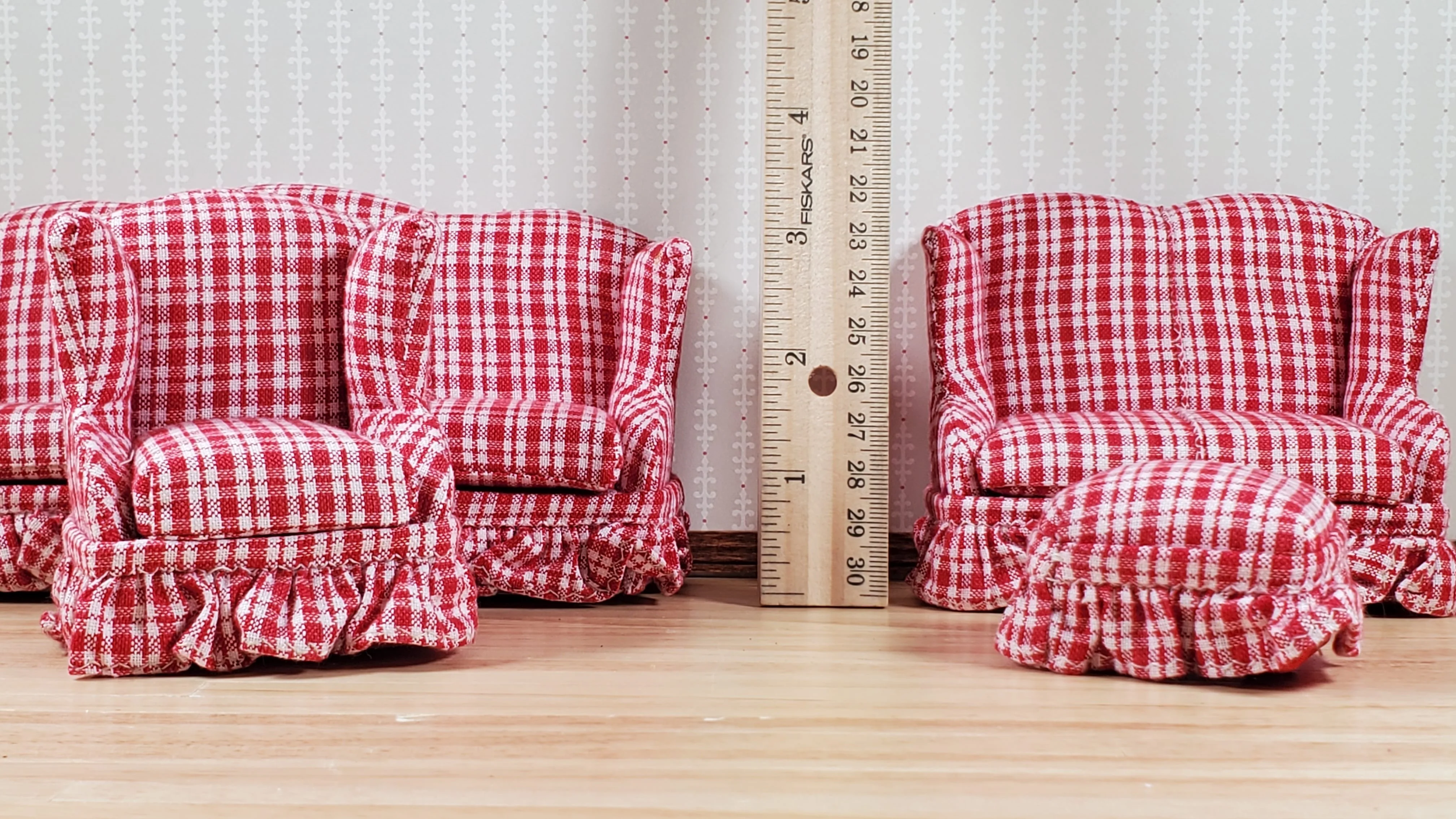 Dollhouse Living Room Set 4 pc Red Plaid 1:12 Scale Miniature Furniture - Image 3