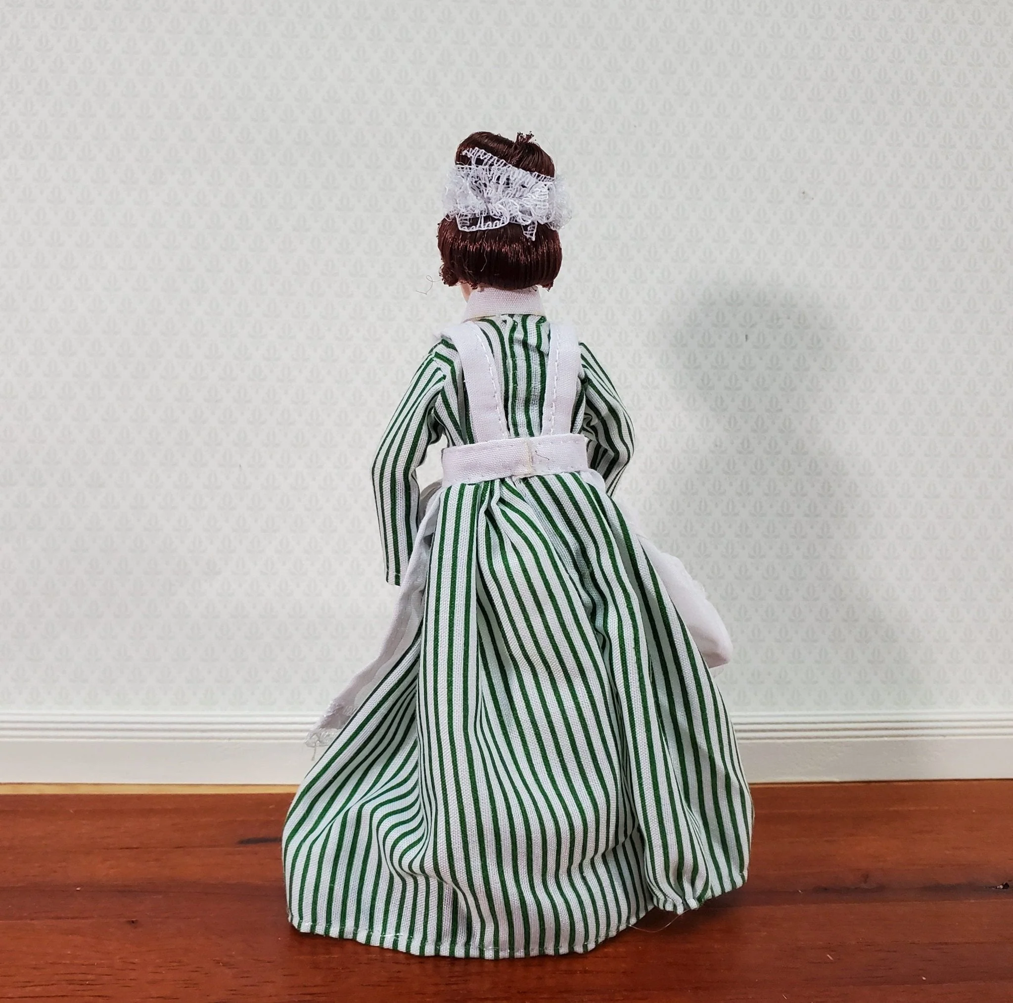 Dollhouse Maid Cook Housekeeper Striped Dress Doll Porcelain Poseable 1:12 Scale Woman - Image 3