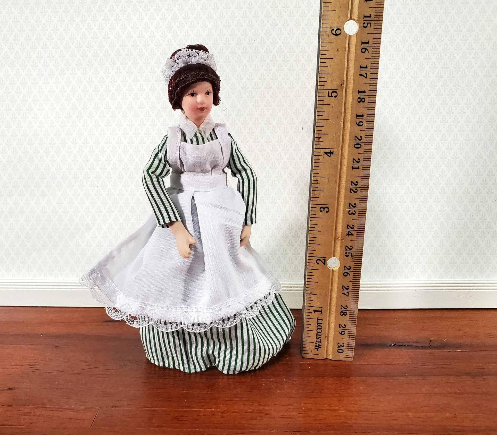 Dollhouse Maid Cook Housekeeper Striped Dress Doll Porcelain Poseable 1:12 Scale Woman - Image 4