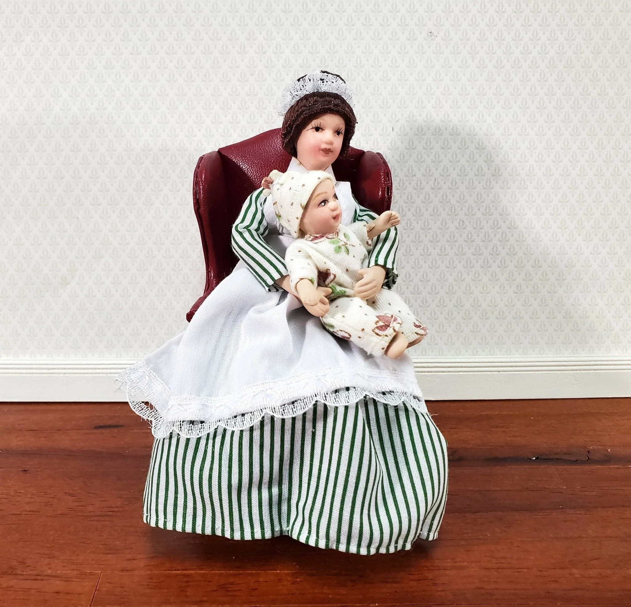 Dollhouse Maid Cook Housekeeper Striped Dress Doll Porcelain Poseable 1:12 Scale Woman - Image 5