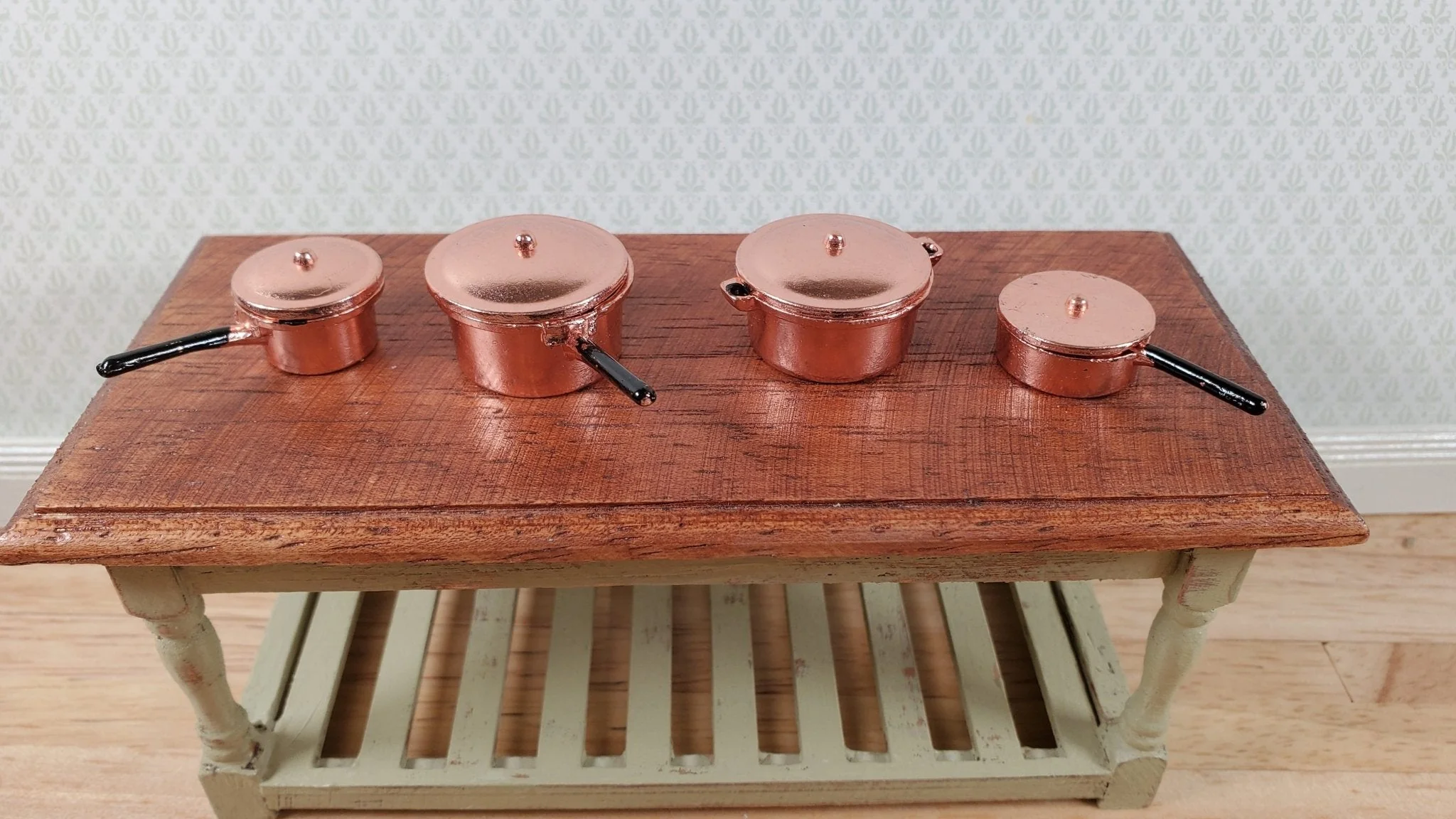 Dollhouse Metal Copper Pots & Pans Removable Lids 1:12 Scale Miniatures