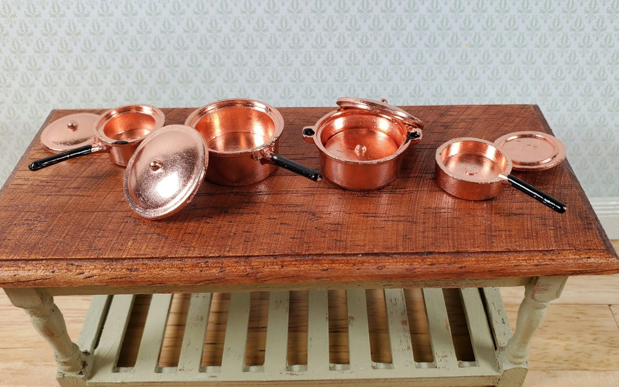 Dollhouse Metal Copper Pots & Pans Removable Lids 1:12 Scale Miniatures - Image 2