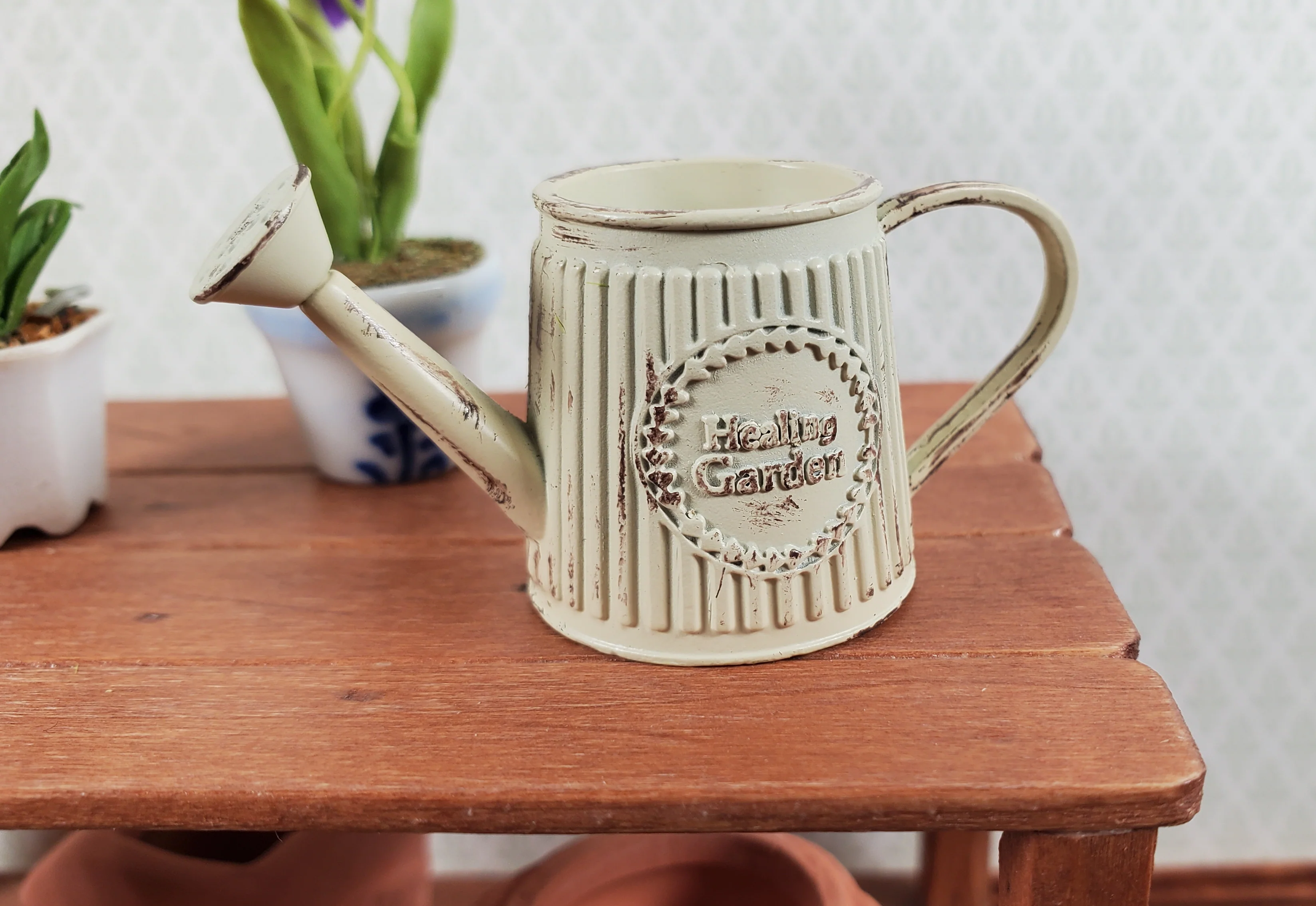 Dollhouse Metal Watering Can with Handle Aged White 1:12 Scale Miniature Garden