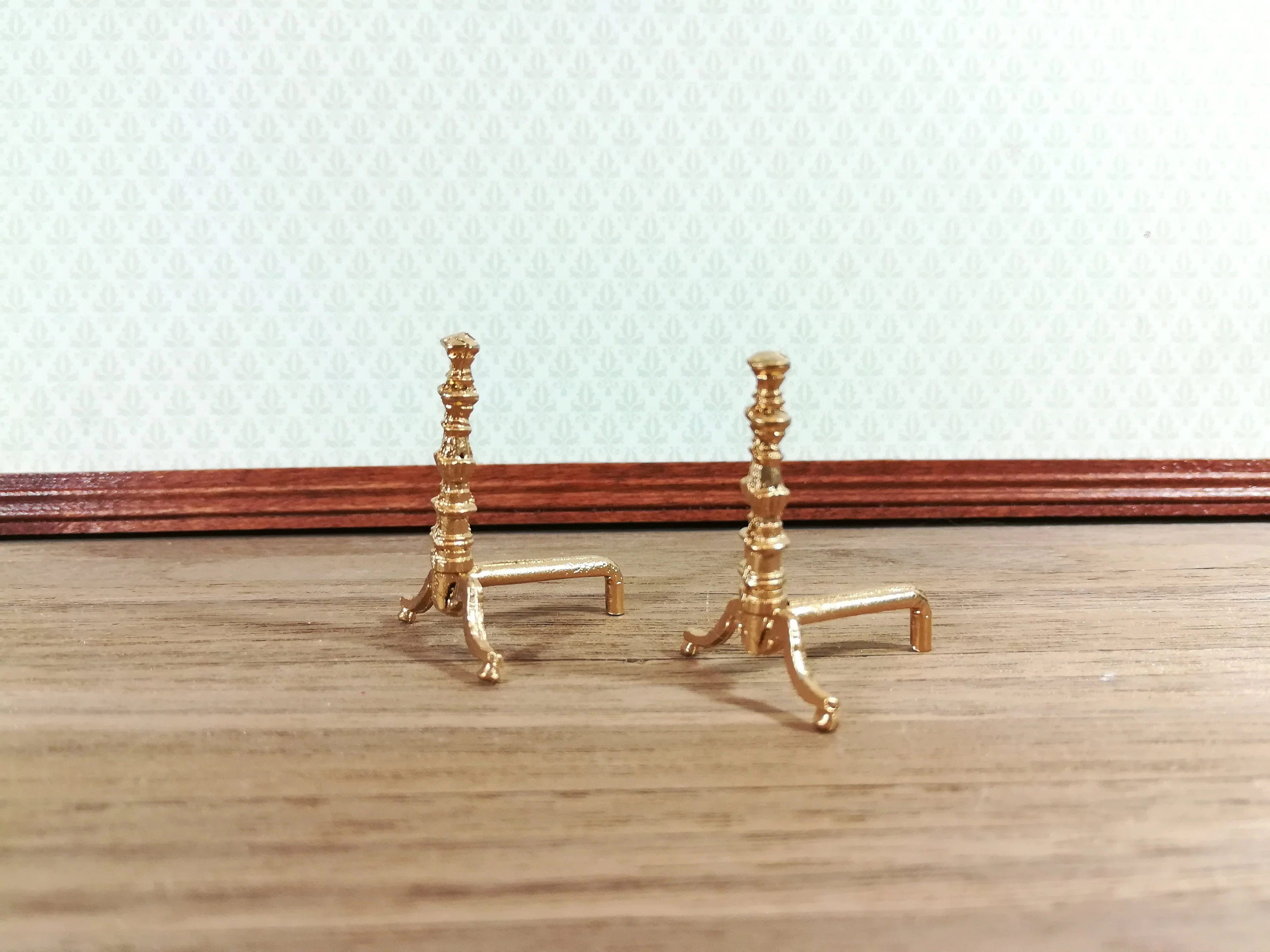 Dollhouse Miniature Andirons Gold Fireplace with Bar for Wood Metal 1:12 Scale