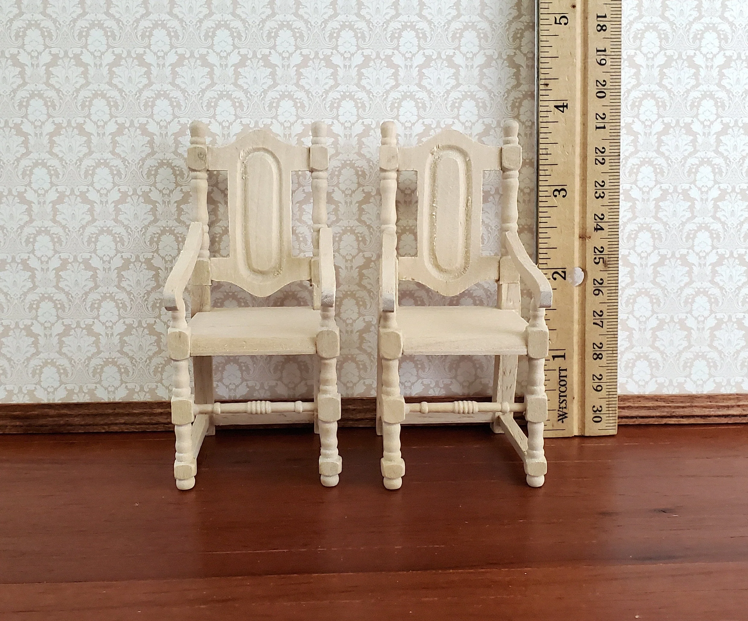 Dollhouse Miniature Arm Chairs Dining Room Set of 2 Unpainted Wood 1:12 Scale - Image 4