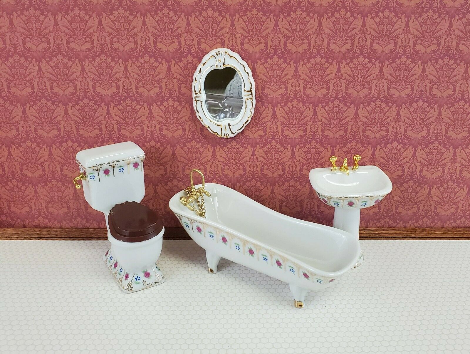 Dollhouse Miniature Bathroom Set White Gold Rose Porcelain Tub Toilet Sink - Image 2