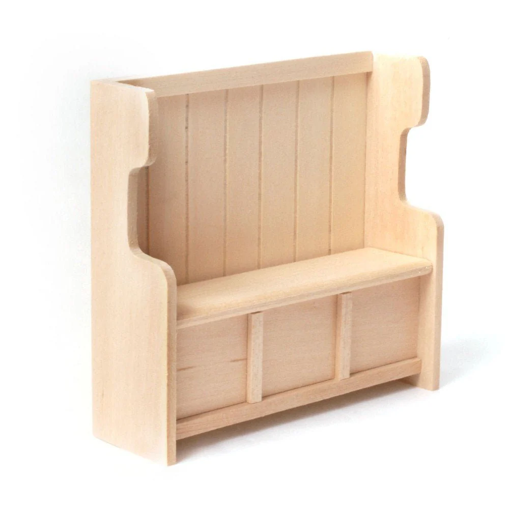 Dollhouse Country Style Bench High Back Unfinished Wood Open Seat 1:12 Scale