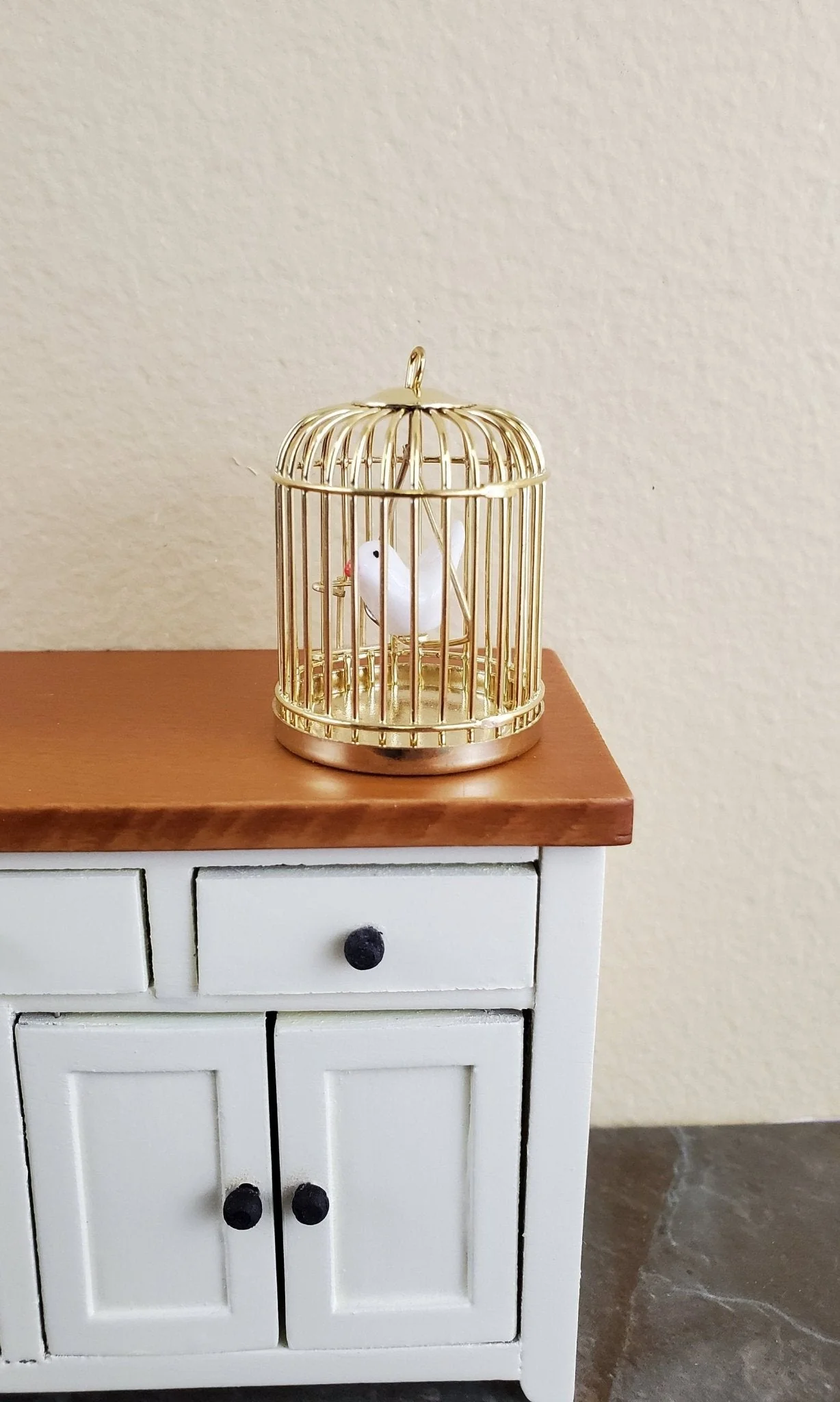 Dollhouse Miniature Birdcage Brass Gold Metal with White Bird 1:12 Scale