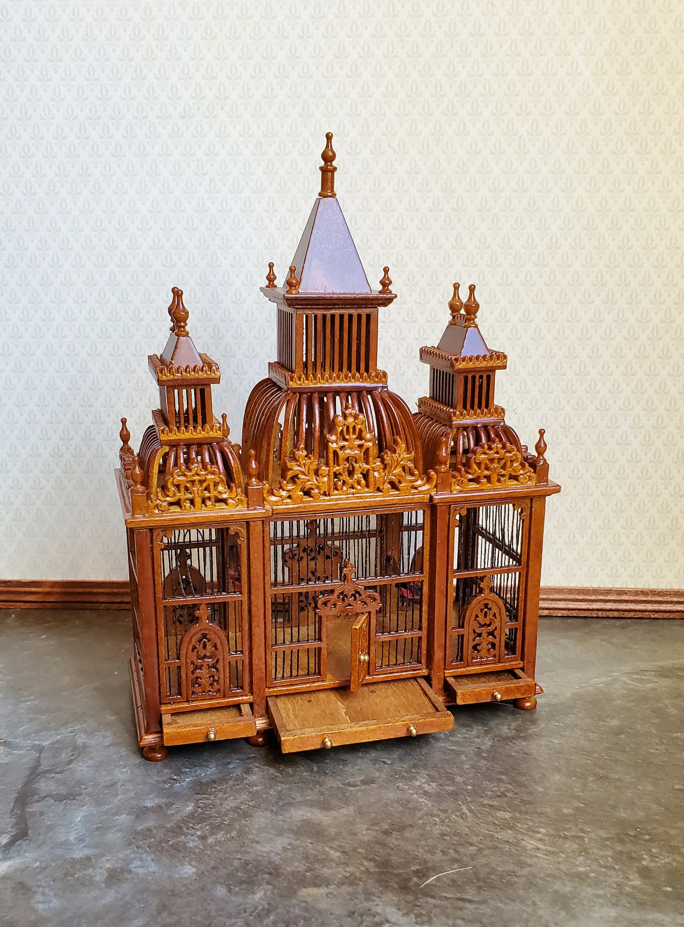 Dollhouse Miniature Birdcage JBM Large Victorian Fancy 1:12 Walnut Finish - Image 5